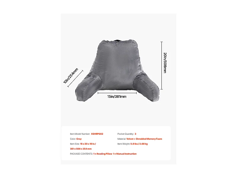 Travesseiro de Leitura SucceBuy em Espuma de Memória, Travesseiro de Apoio ,38.1 x 50.8 x 25.4 cm, com 3 Bolsos e Capa de Veludo Removível