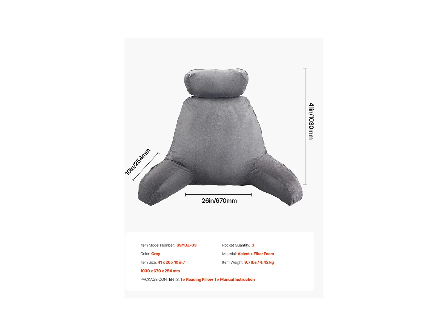 Grand Coussin de Lecture SucceBuy avec Appui-Tête Amovible, Coussin de Dossier avec 3 Poches, Housse en Velours Doux, Mousse à Mémoire de Forme Déchiquetée