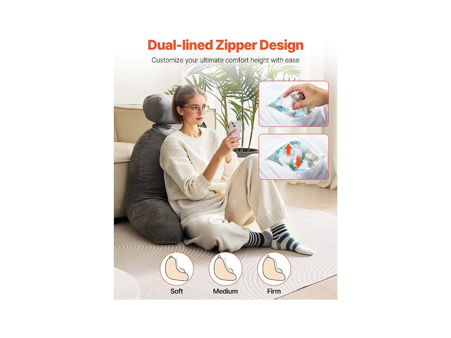 Grand Coussin de Lecture SucceBuy avec Appui-Tête Amovible, Coussin de Dossier avec 3 Poches, Housse en Velours Doux, Mousse à Mémoire de Forme Déchiquetée