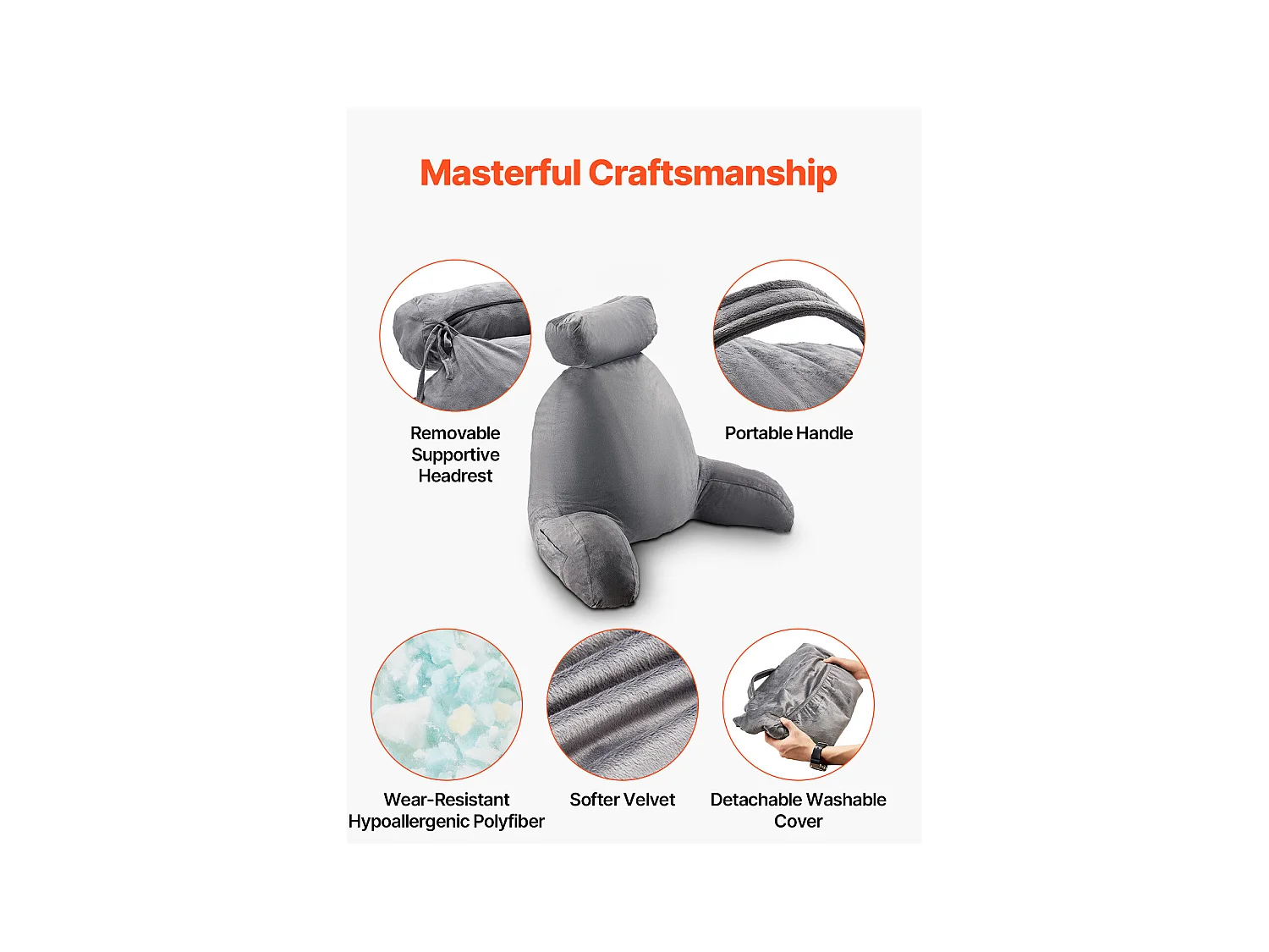 Grand Coussin de Lecture SucceBuy avec Appui-Tête Amovible, Coussin de Dossier avec 3 Poches, Housse en Velours Doux, Mousse à Mémoire de Forme Déchiquetée