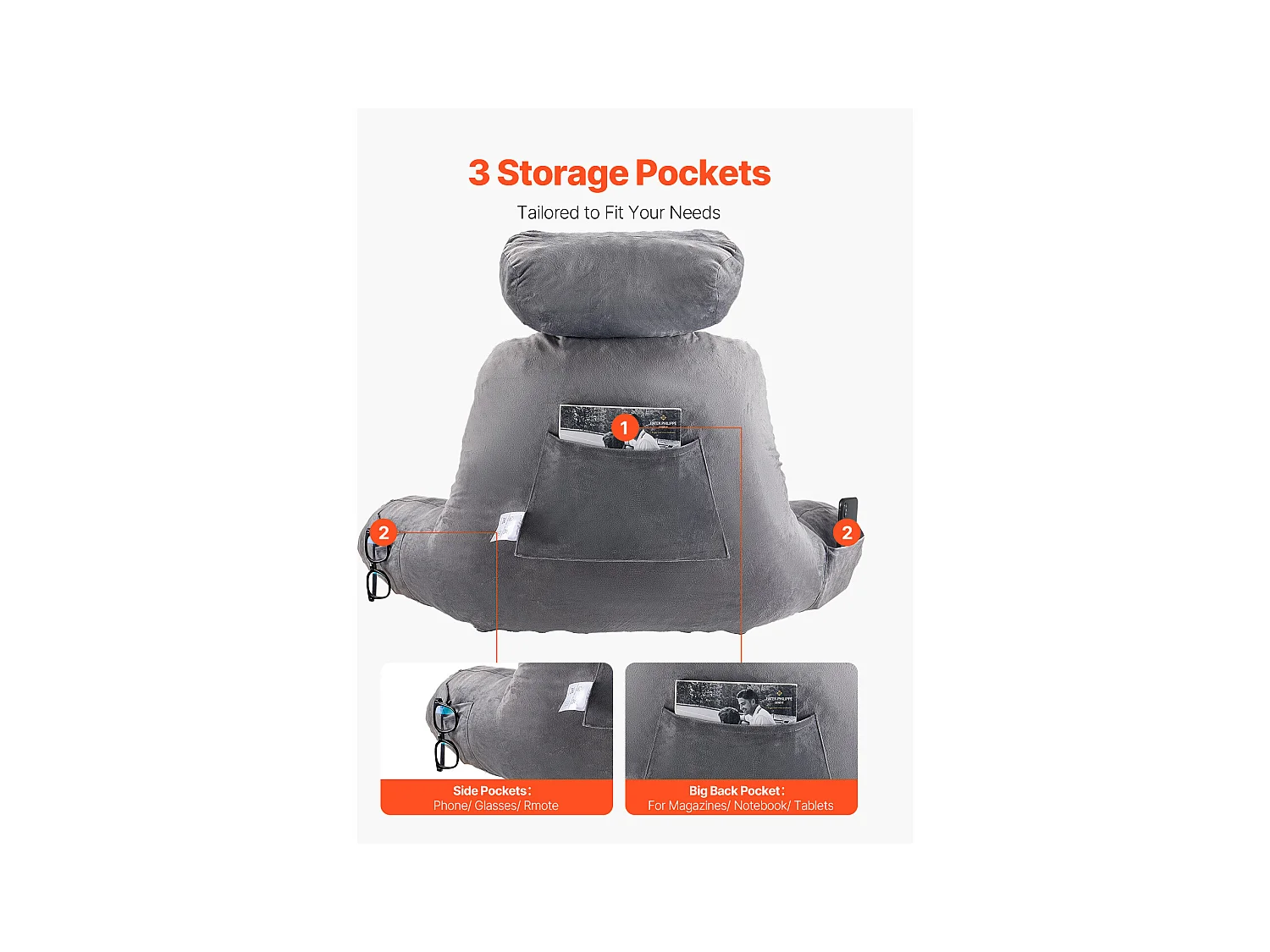 Grand Coussin de Lecture SucceBuy avec Appui-Tête Amovible, Coussin de Dossier avec 3 Poches, Housse en Velours Doux, Mousse à Mémoire de Forme Déchiquetée