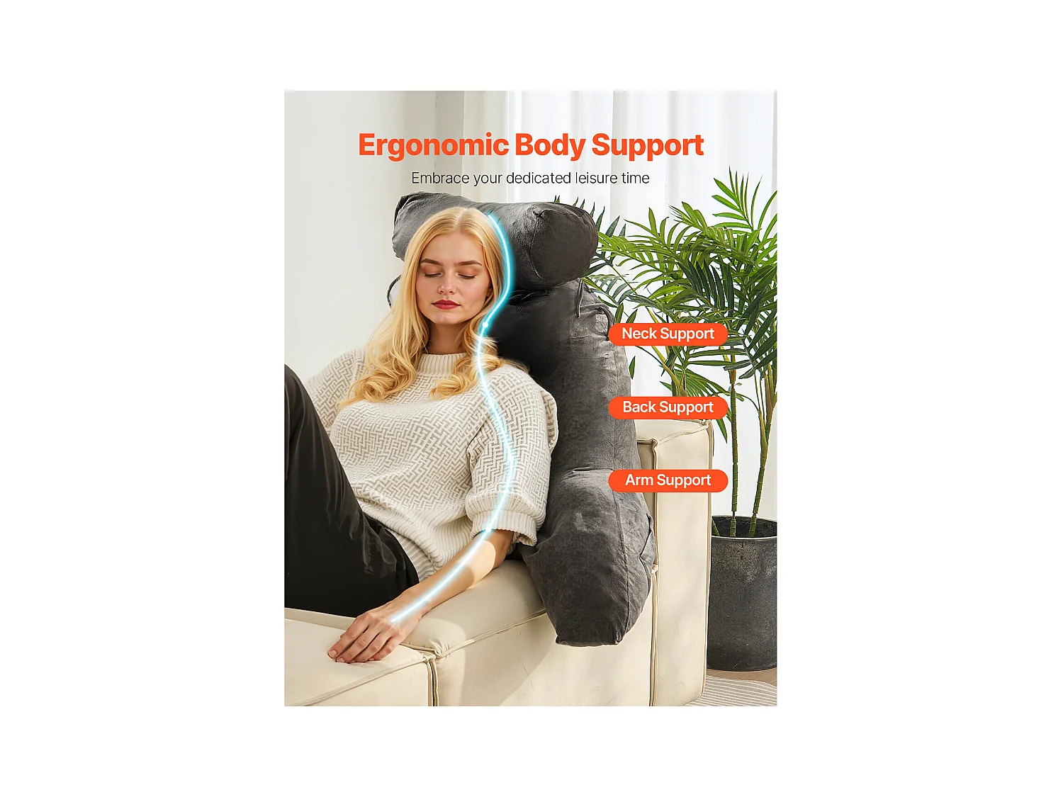 Grand Coussin de Lecture SucceBuy avec Appui-Tête Amovible, Coussin de Dossier avec 3 Poches, Housse en Velours Doux, Mousse à Mémoire de Forme Déchiquetée