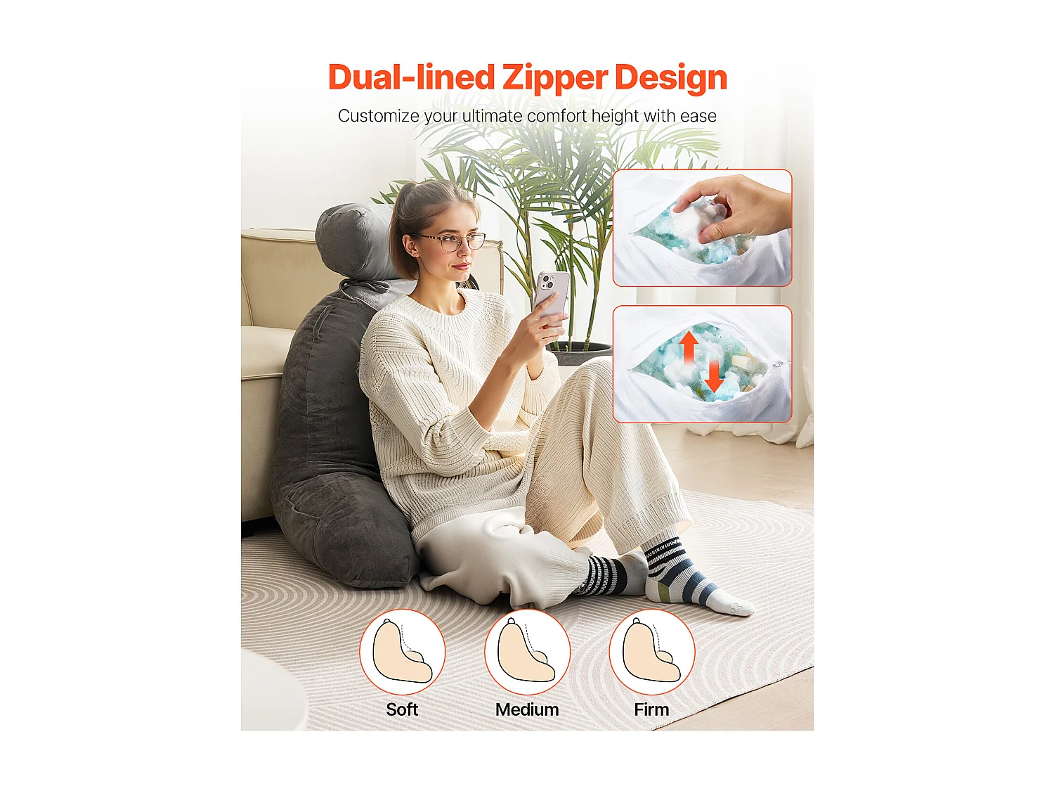 Grand Coussin de Lecture SucceBuy avec Appui-Tête Amovible, Coussin de Dossier avec 3 Poches, Housse en Velours Doux, Mousse à Mémoire de Forme Déchiquetée