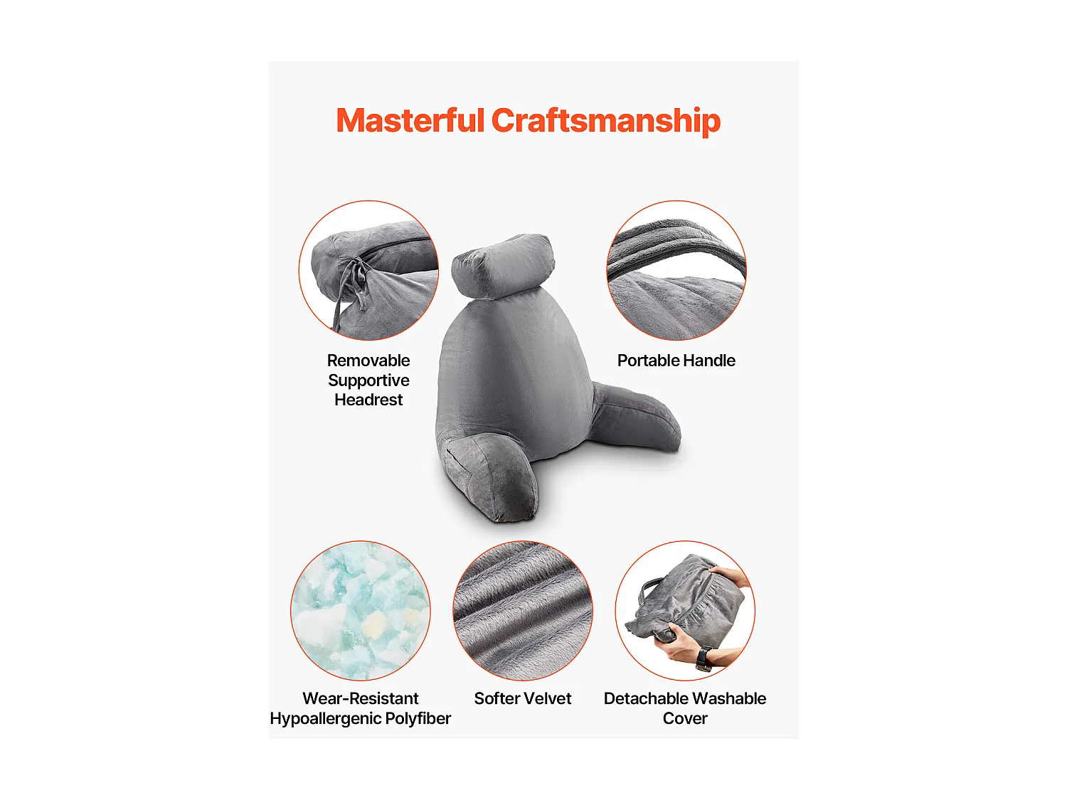 Grand Coussin de Lecture SucceBuy avec Appui-Tête Amovible, Coussin de Dossier avec 3 Poches, Housse en Velours Doux, Mousse à Mémoire de Forme Déchiquetée