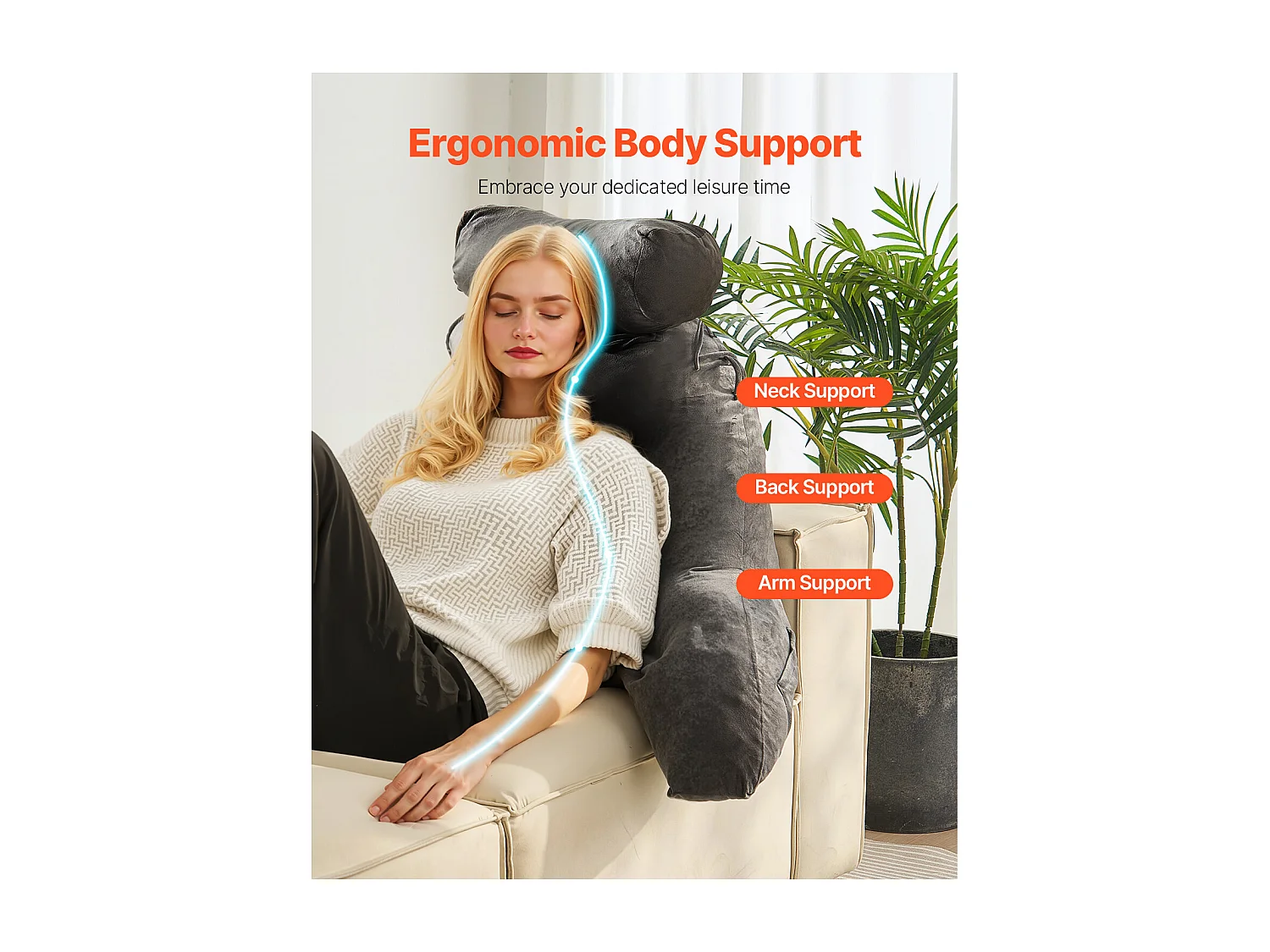 Grand Coussin de Lecture SucceBuy avec Appui-Tête Amovible, Coussin de Dossier avec 3 Poches, Housse en Velours Doux, Mousse à Mémoire de Forme Déchiquetée