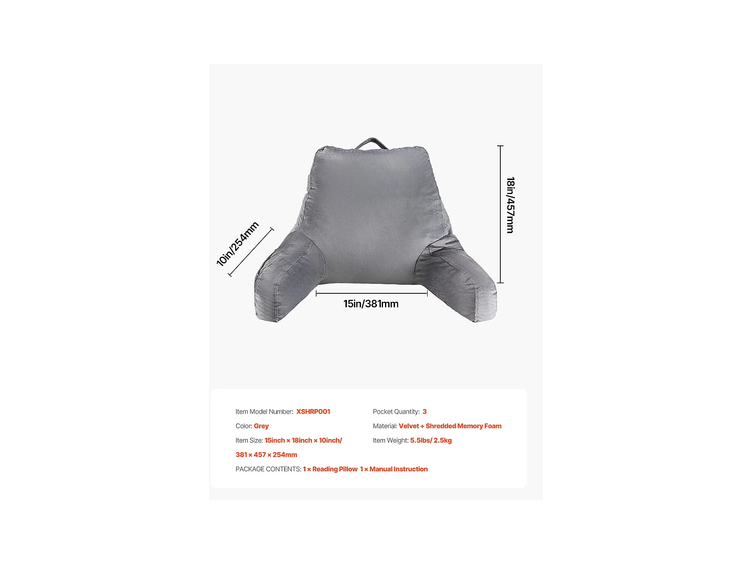 Coussin de Lecture SucceBuy Taille Standard, Oreiller en Mousse à Mémoire de Forme avec Tissu en Velours Doux Lavable, Équipé de 3 Poches Pratiques