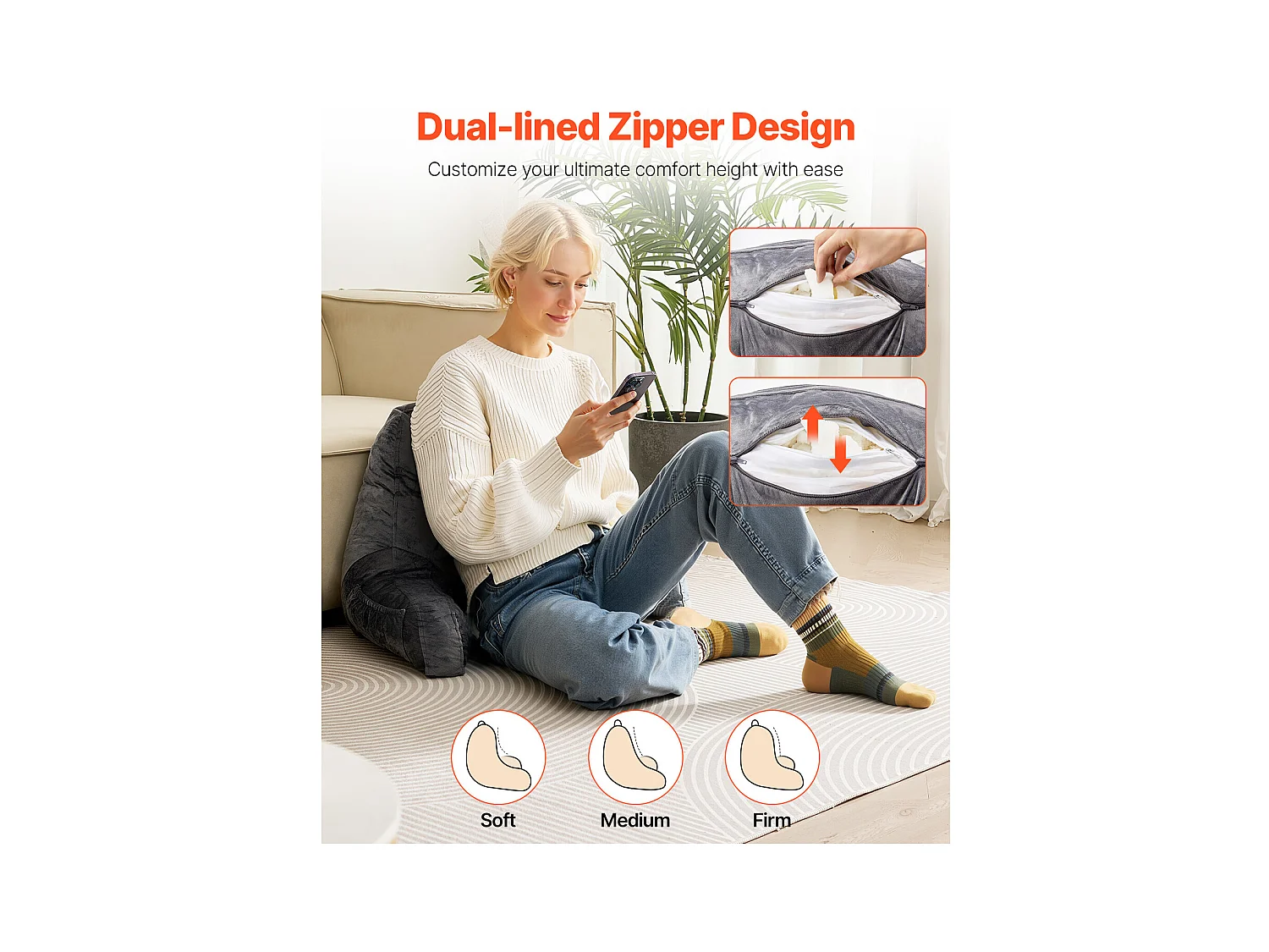 Coussin de Lecture SucceBuy Taille Standard, Oreiller en Mousse à Mémoire de Forme avec Tissu en Velours Doux Lavable, Équipé de 3 Poches Pratiques