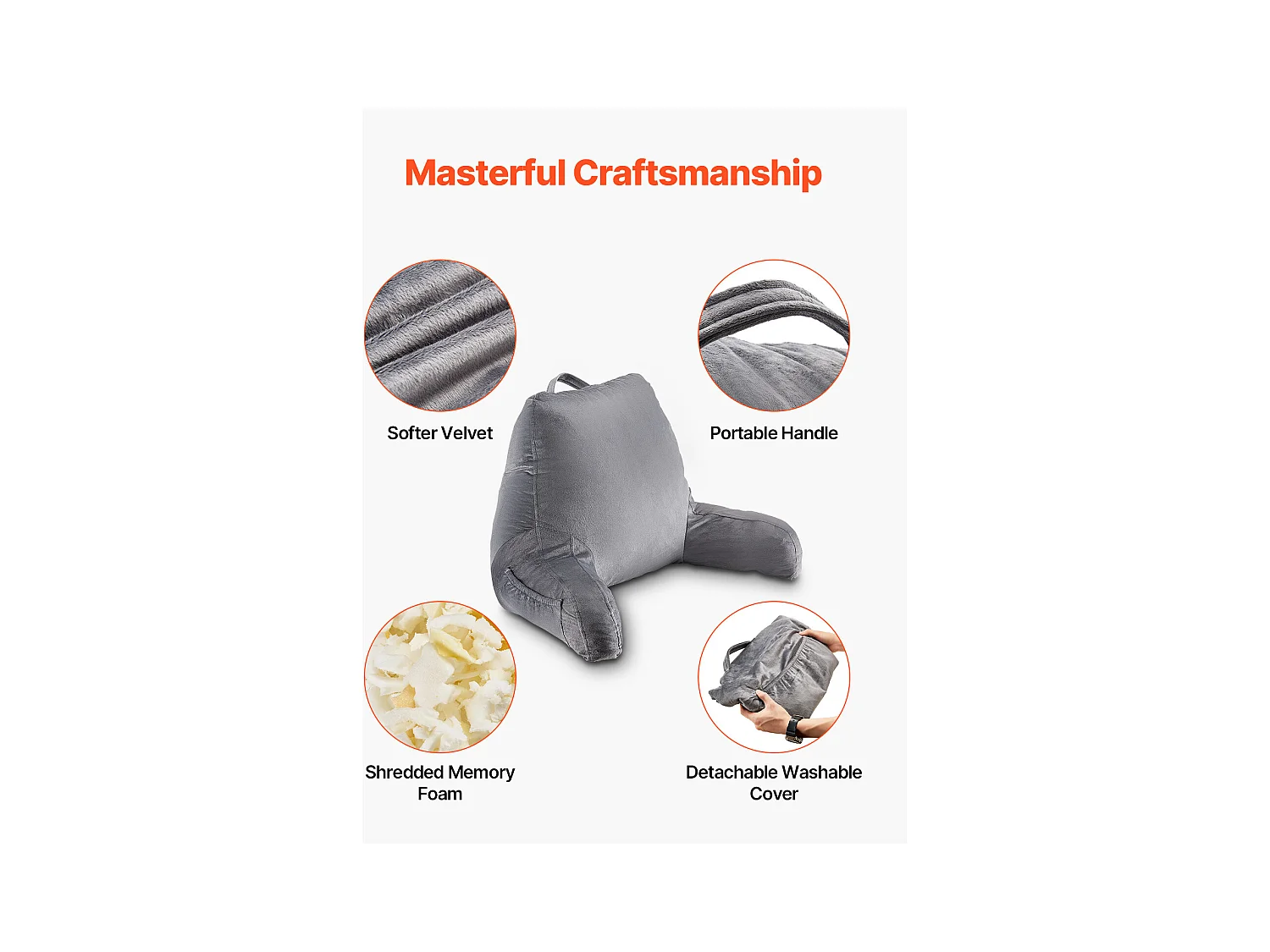 Coussin de Lecture SucceBuy Taille Standard, Oreiller en Mousse à Mémoire de Forme avec Tissu en Velours Doux Lavable, Équipé de 3 Poches Pratiques