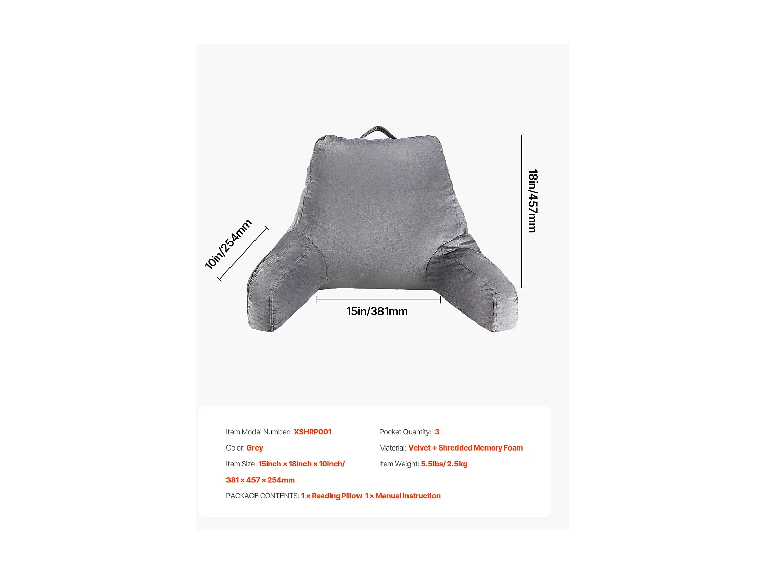Coussin de Lecture SucceBuy Taille Standard, Oreiller en Mousse à Mémoire de Forme avec Tissu en Velours Doux Lavable, Équipé de 3 Poches Pratiques