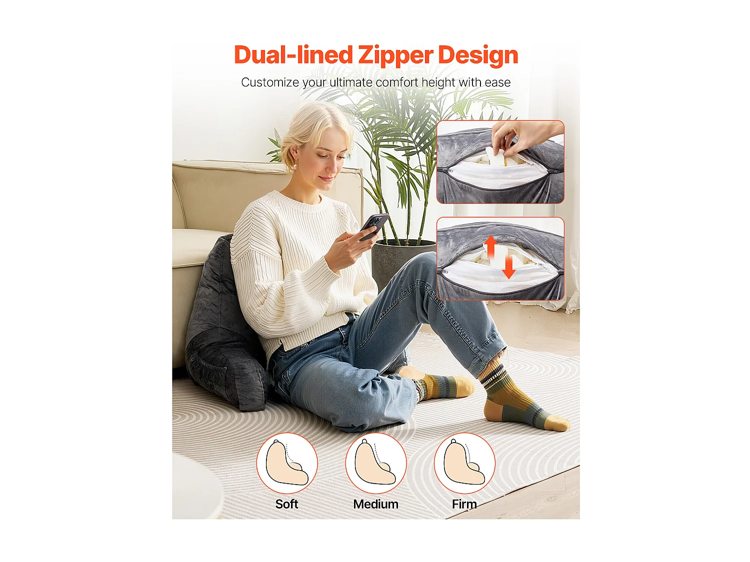 Coussin de Lecture SucceBuy Taille Standard, Oreiller en Mousse à Mémoire de Forme avec Tissu en Velours Doux Lavable, Équipé de 3 Poches Pratiques