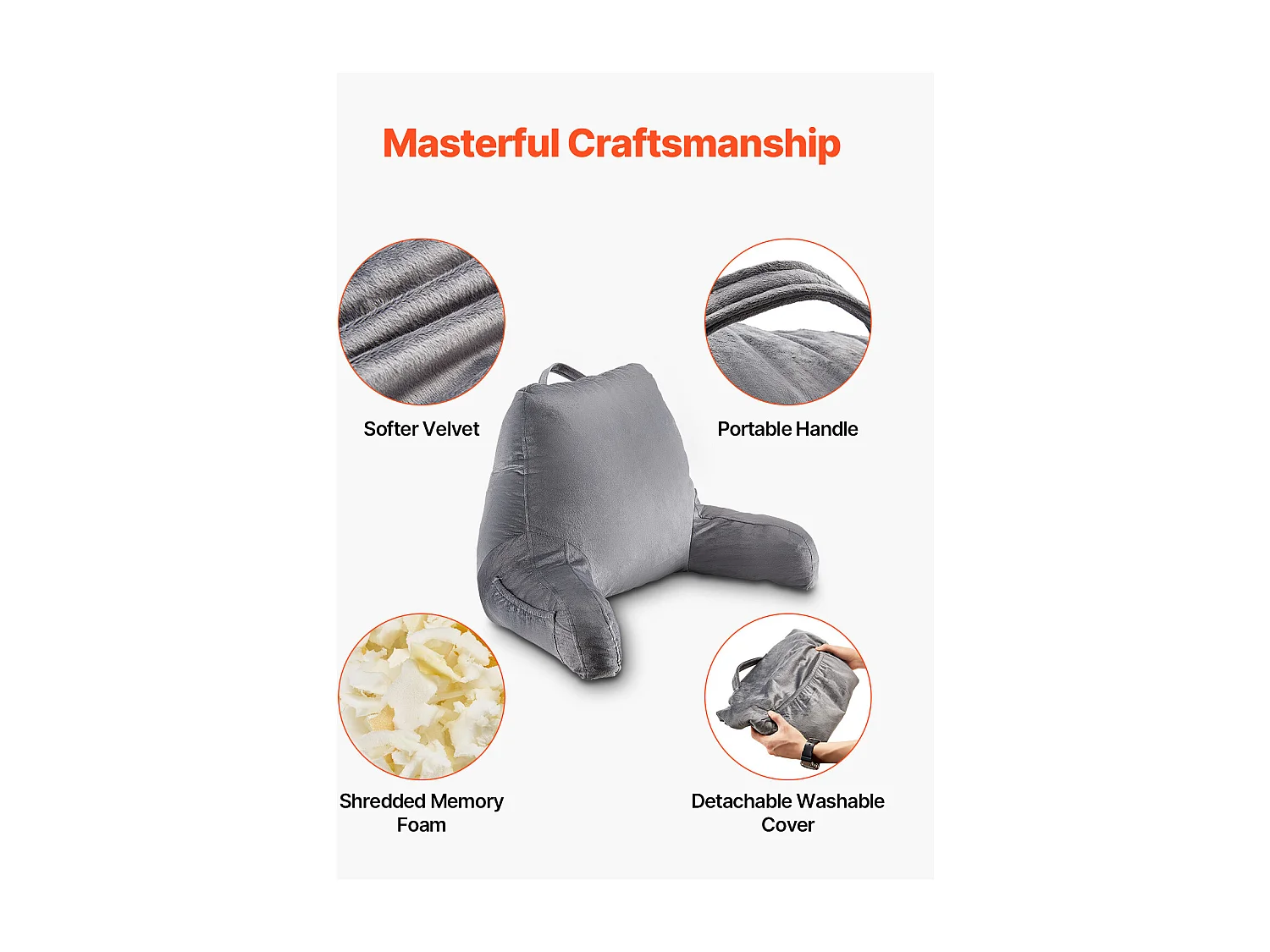 Coussin de Lecture SucceBuy Taille Standard, Oreiller en Mousse à Mémoire de Forme avec Tissu en Velours Doux Lavable, Équipé de 3 Poches Pratiques