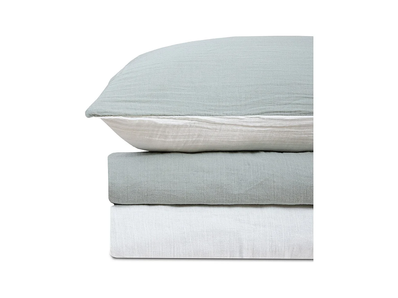 Parure de lit réversible 140 cm gaze de coton vert sauge/écru