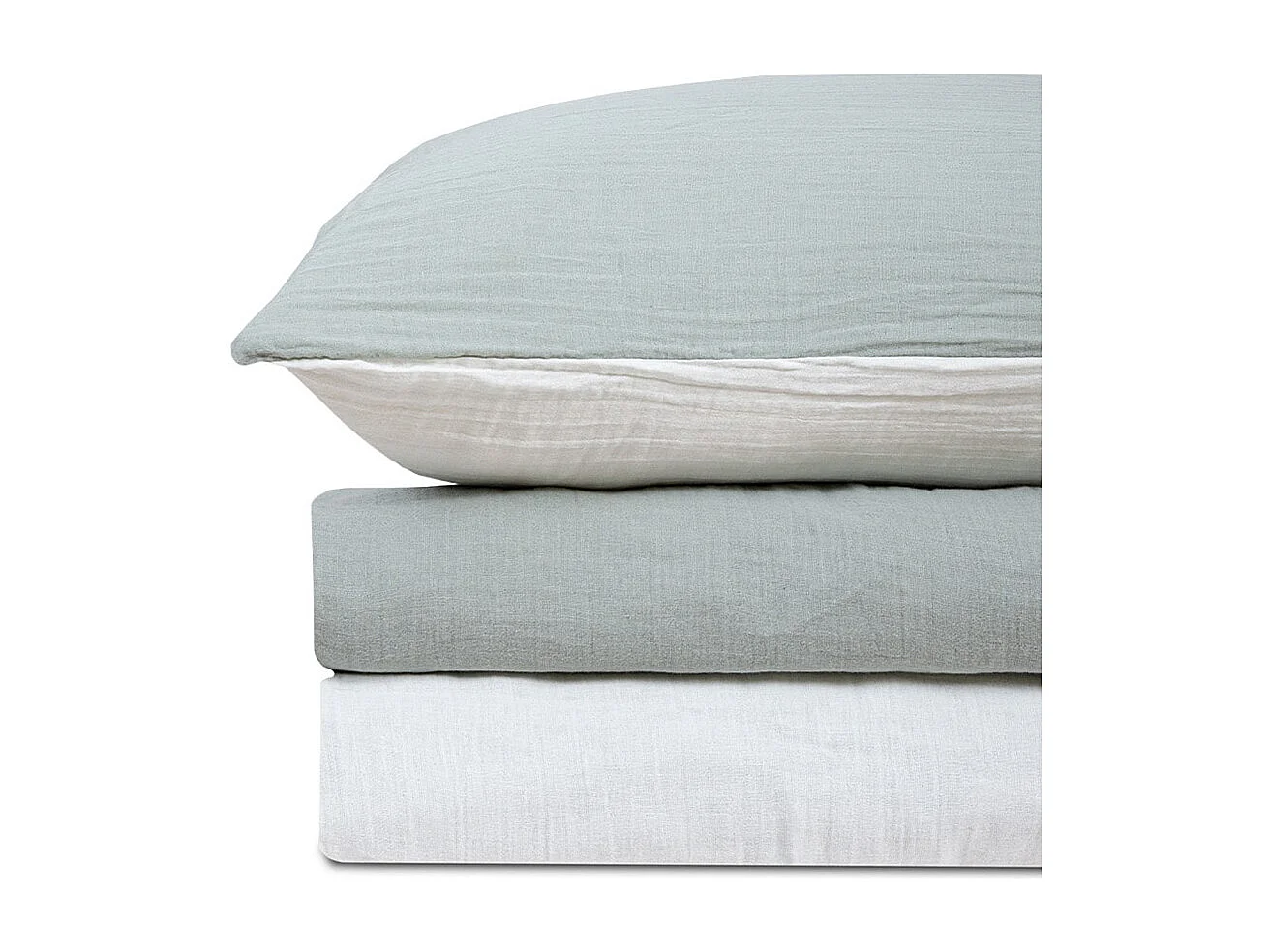 Parure de lit réversible 140 cm gaze de coton vert sauge/écru