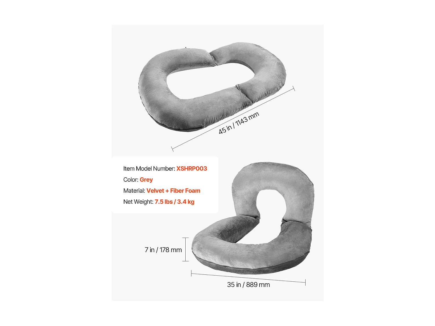 Grande Travesseiro de Leitura SucceBuy em Forma de U ,114.3 x 88.9 x 17.8 cm, Travesseiro de Cama Lavável em Veludo Macio, Travesseiro de Apoio , Cinza