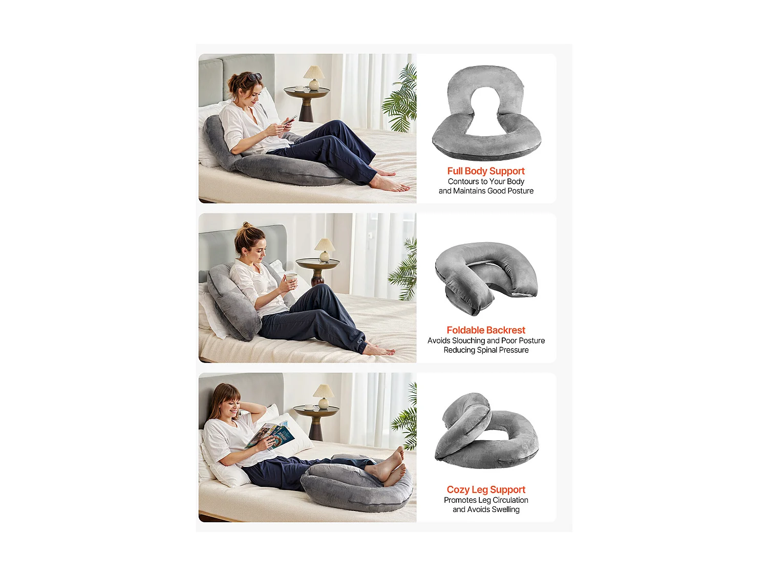 Grande Travesseiro de Leitura SucceBuy em Forma de U ,114.3 x 88.9 x 17.8 cm, Travesseiro de Cama Lavável em Veludo Macio, Travesseiro de Apoio , Cinza