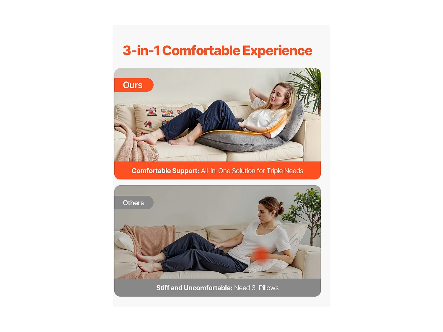 Grande Travesseiro de Leitura SucceBuy em Forma de U ,114.3 x 88.9 x 17.8 cm, Travesseiro de Cama Lavável em Veludo Macio, Travesseiro de Apoio , Cinza