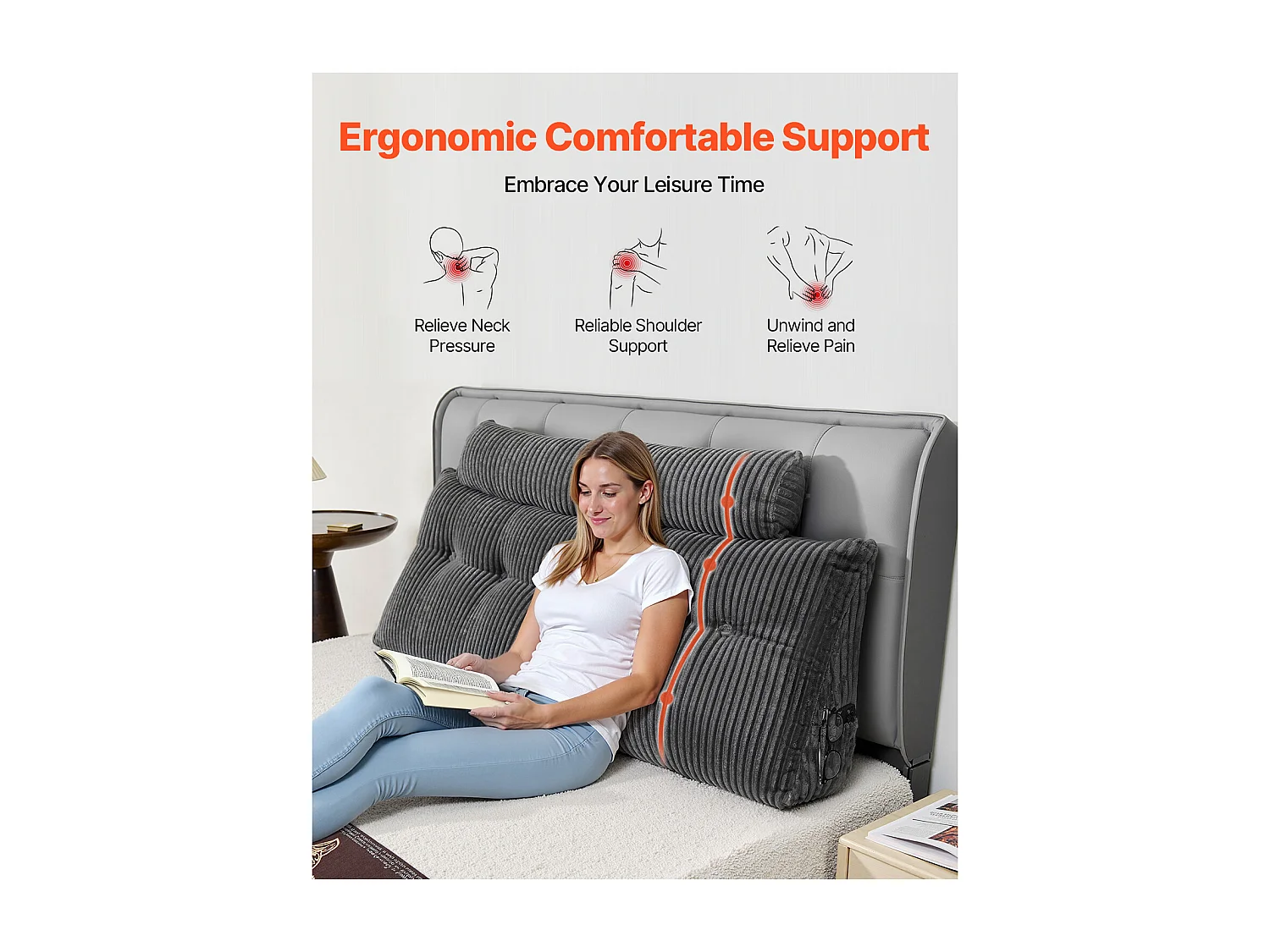 Travesseiro de Leitura SucceBuy com Bolsos Laterais e Apoios-Cabeça, Travesseiro de Cabeceira, Travesseiro em Flanela Lavável, Apoio Confortável para Ler