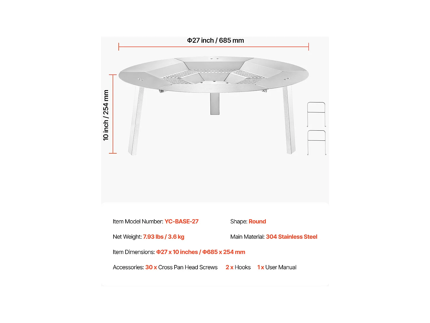 Diffuseur de Chaleur SucceBuy pour Brasero, 68.5x25.4 cm Protection Ronde pour Feu de Camp en Acier Inoxydable 304, Couvercle de Brûleur Amovible