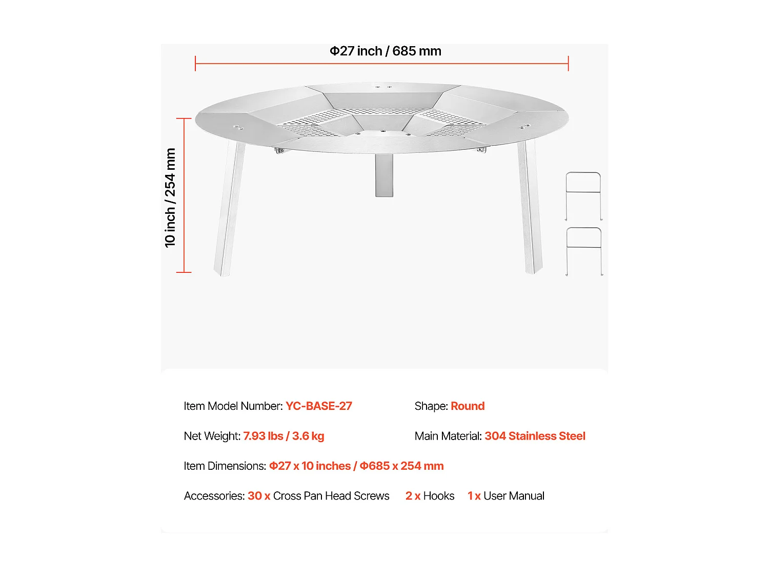Diffuseur de Chaleur SucceBuy pour Brasero, 68.5x25.4 cm Protection Ronde pour Feu de Camp en Acier Inoxydable 304, Couvercle de Brûleur Amovible