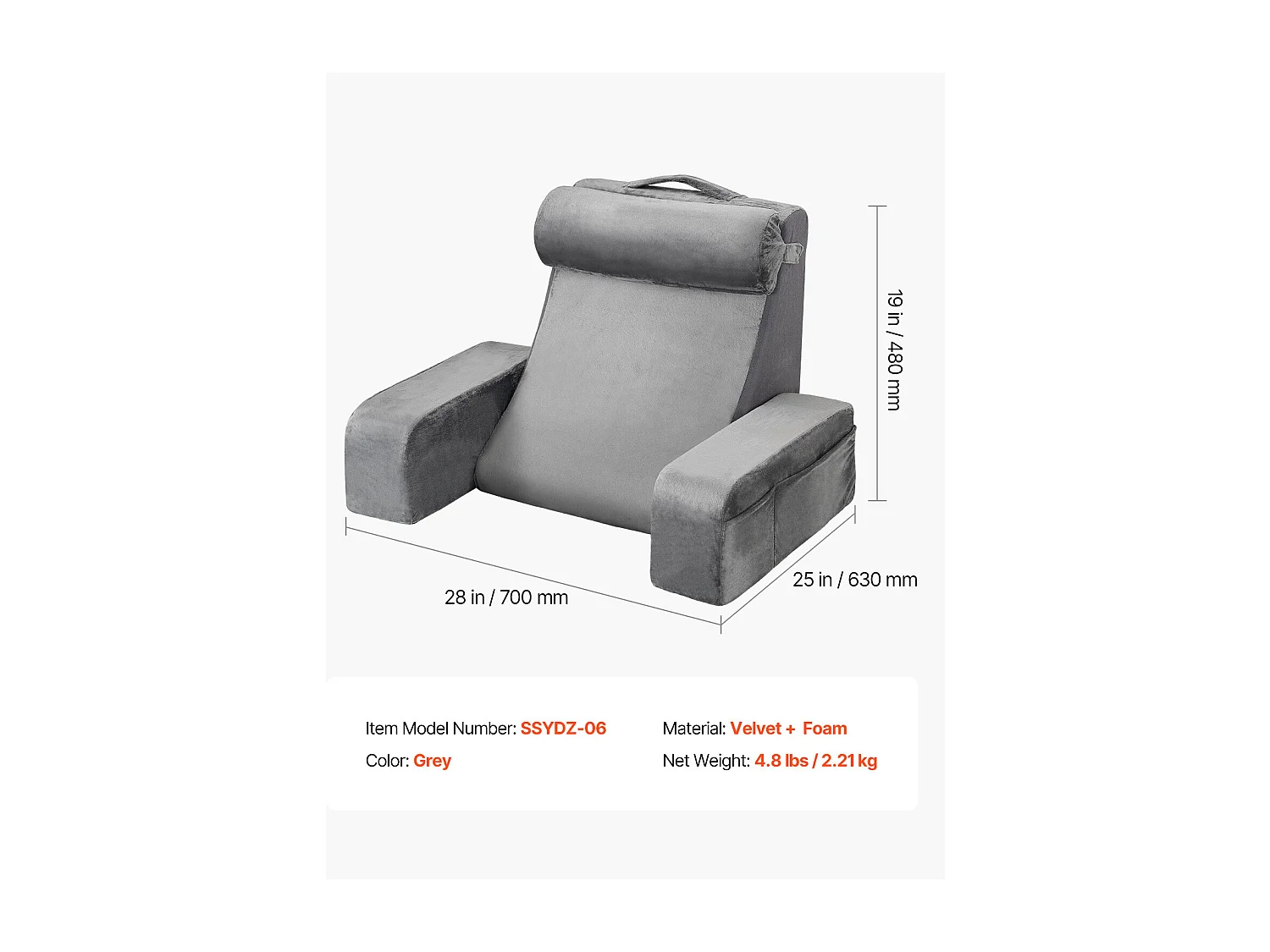 Coussin de Lecture SucceBuy avec Accoudoirs et Poches, Oreiller de Lit avec Appui-Tête Amovible et Mousse 25D, Poignée Pratique pour un Transport Aisé