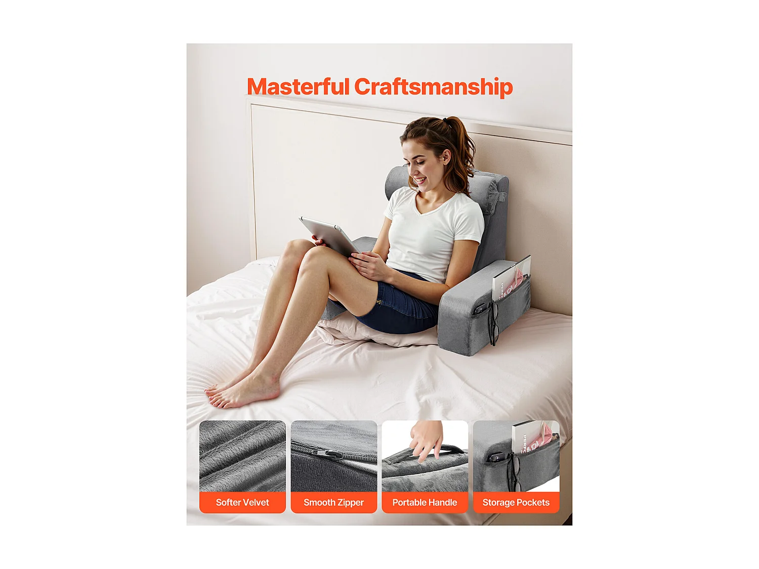 Coussin de Lecture SucceBuy avec Accoudoirs et Poches, Oreiller de Lit avec Appui-Tête Amovible et Mousse 25D, Poignée Pratique pour un Transport Aisé