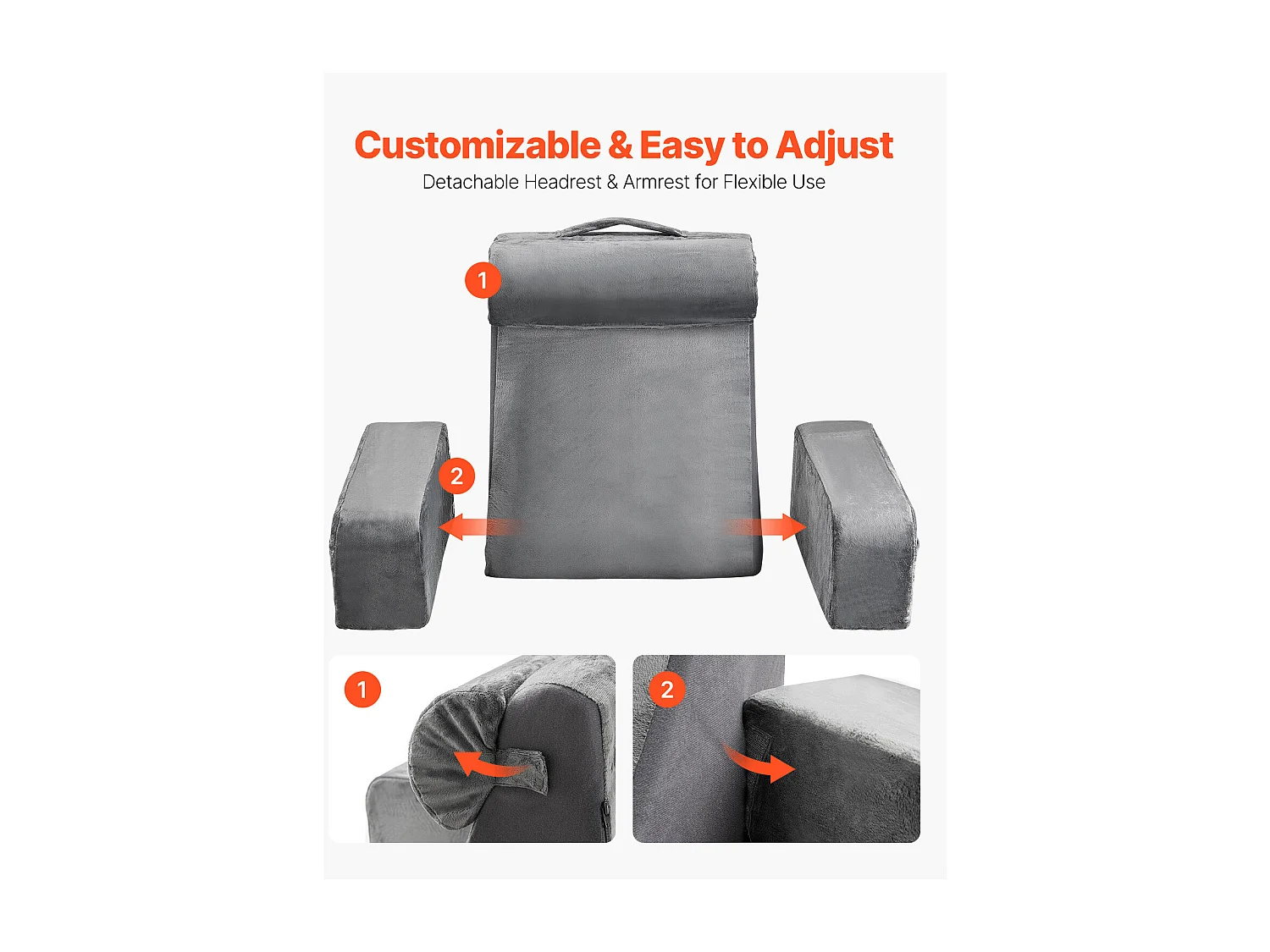 Coussin de Lecture SucceBuy avec Accoudoirs et Poches, Oreiller de Lit avec Appui-Tête Amovible et Mousse 25D, Poignée Pratique pour un Transport Aisé