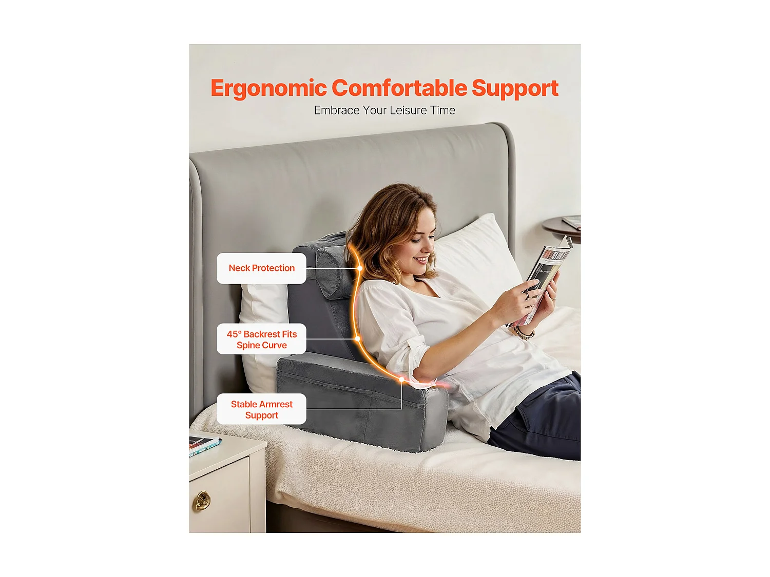 Coussin de Lecture SucceBuy avec Accoudoirs et Poches, Oreiller de Lit avec Appui-Tête Amovible et Mousse 25D, Poignée Pratique pour un Transport Aisé