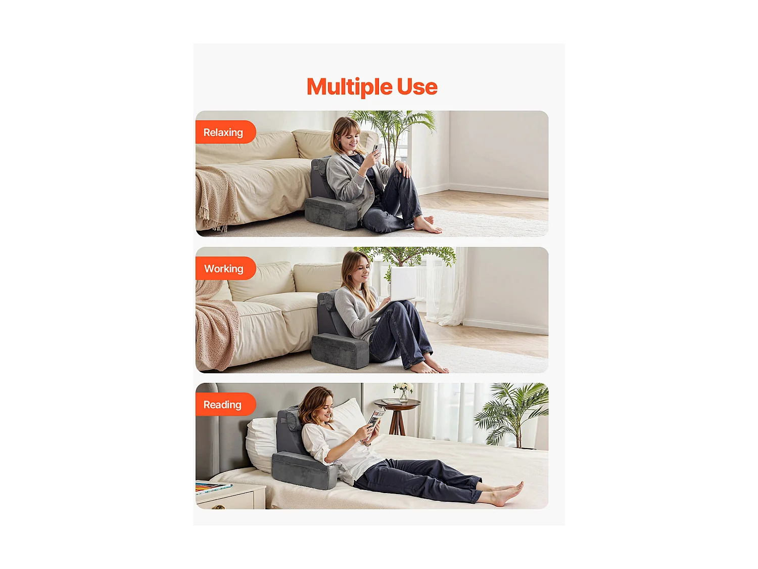 Coussin de Lecture SucceBuy avec Accoudoirs et Poches, Oreiller de Lit avec Appui-Tête Amovible et Mousse 25D, Poignée Pratique pour un Transport Aisé