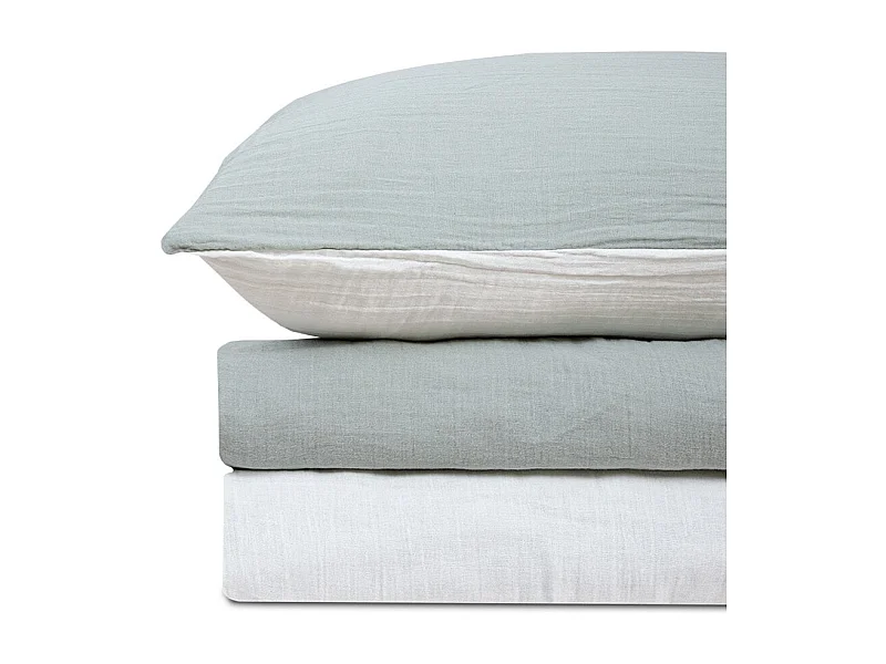 Parure de lit réversible 160 cm gaze de coton vert sauge/écru