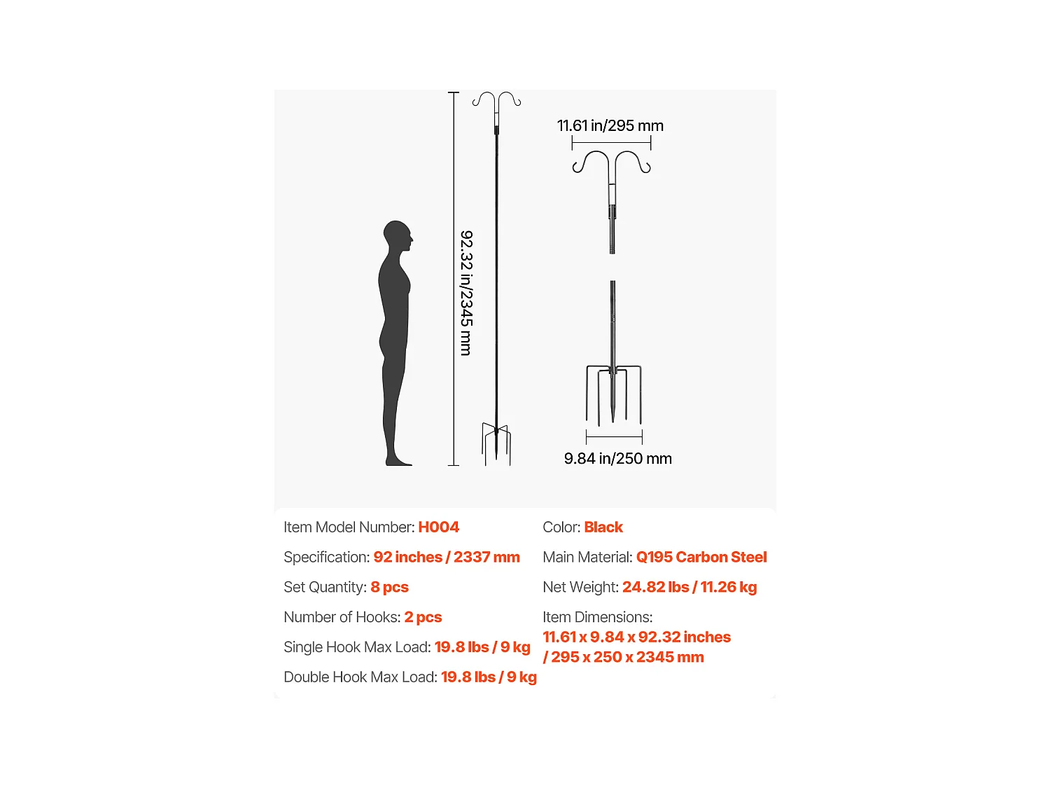 Crochets de Berger SucceBuy, Lot de 8, Crochets de Berger 234.5 cm, Crochet Double pour Lanterne de Jardin, Crochets de 1,9 cm D'Épaisseur