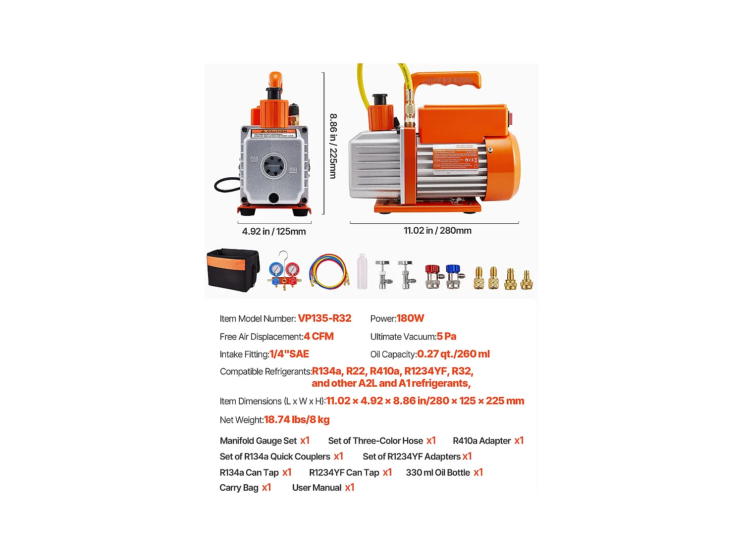 Pompe à Vide SucceBuy pour Climatisation 115 L/min, à Palettes Rotatives, Mono-Étage, avec Manomètre de Collecteur de Réfrigérant, Détecteur de Fuite