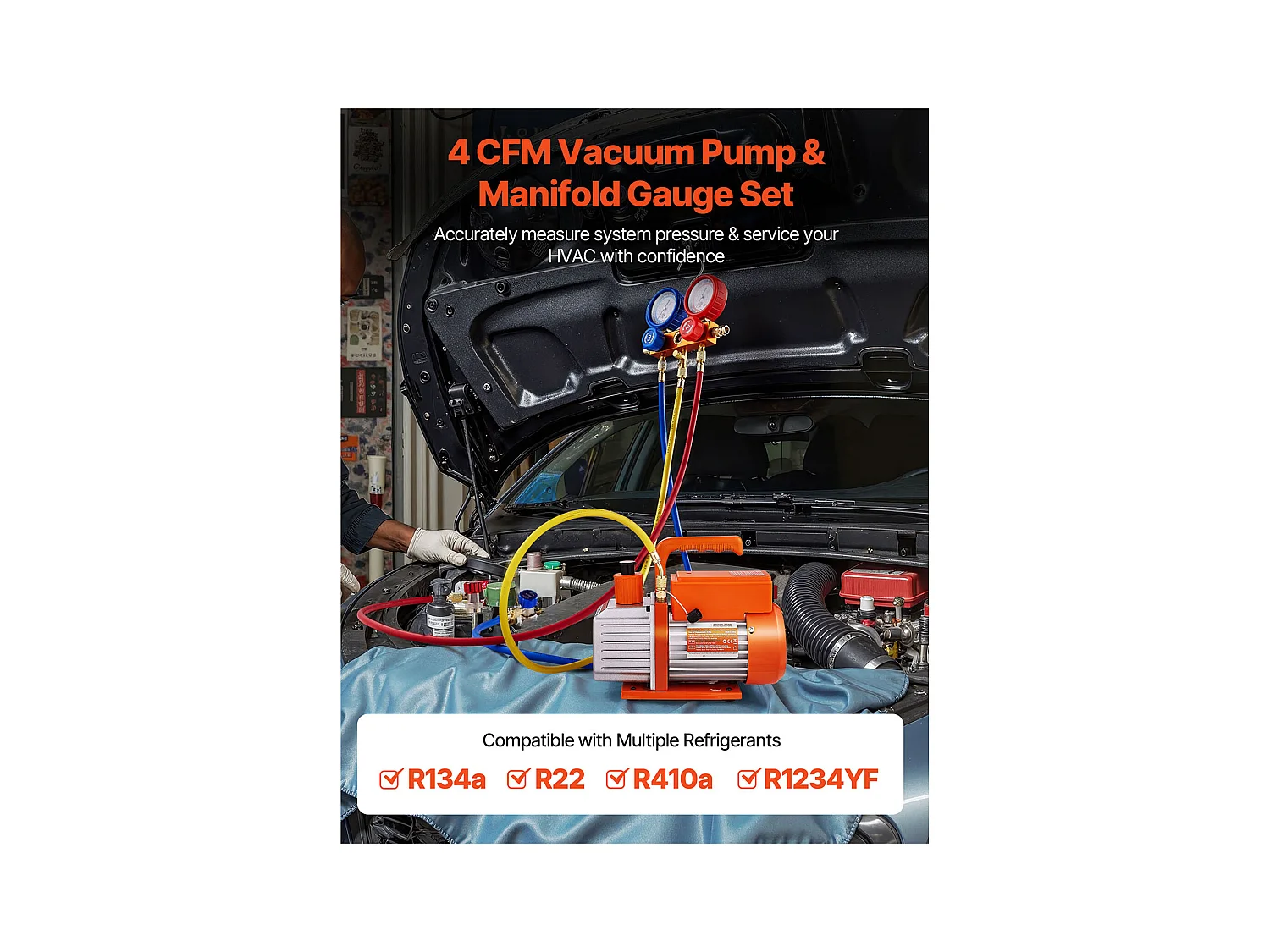 Pompe à Vide SucceBuy pour Climatisation 115 L/min, à Palettes Rotatives, Mono-Étage, avec Manomètre de Collecteur de Réfrigérant, Détecteur de Fuite