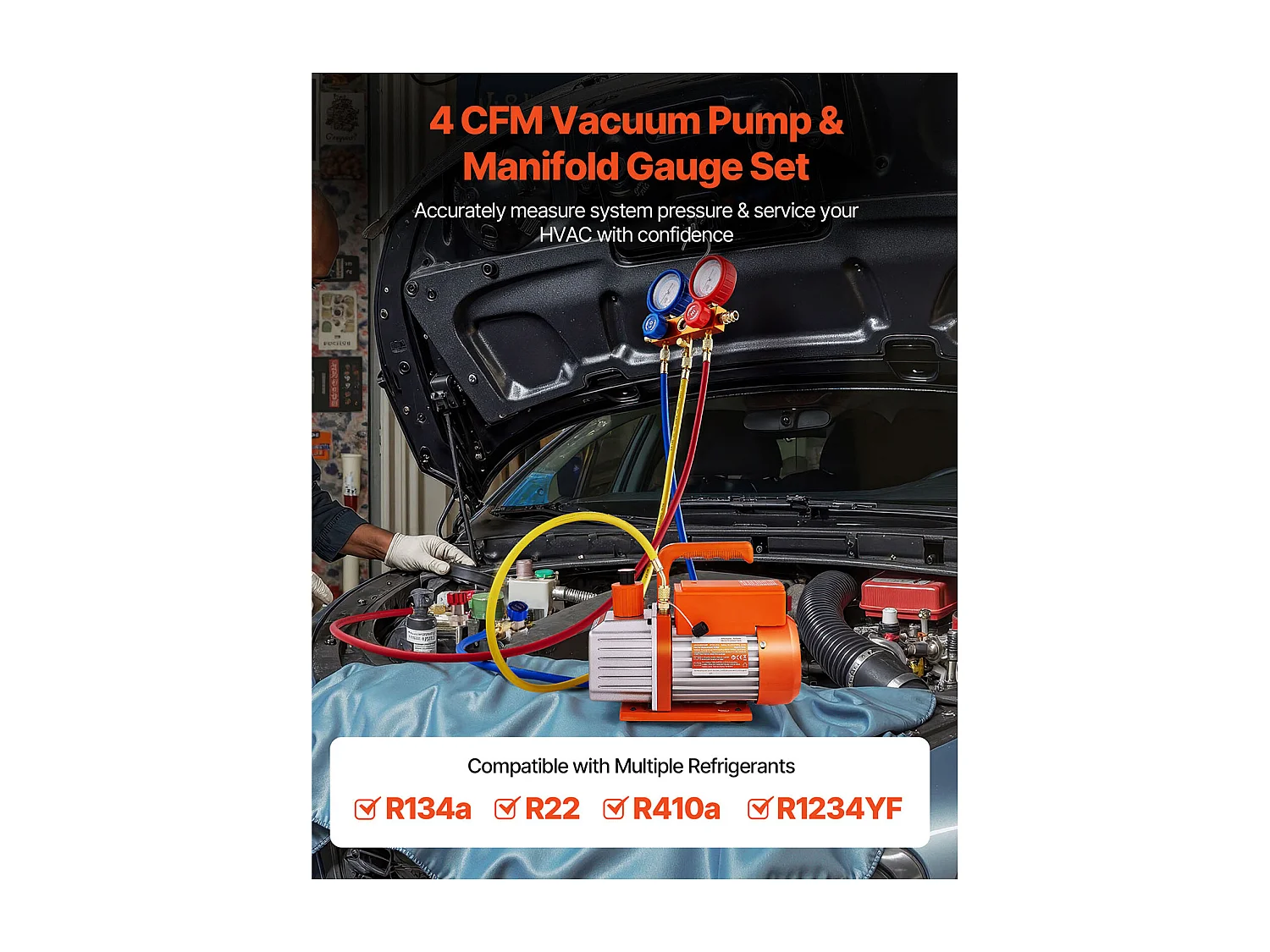 Pompe à Vide SucceBuy pour Climatisation 115 L/min, à Palettes Rotatives, Mono-Étage, avec Manomètre de Collecteur de Réfrigérant, Détecteur de Fuite