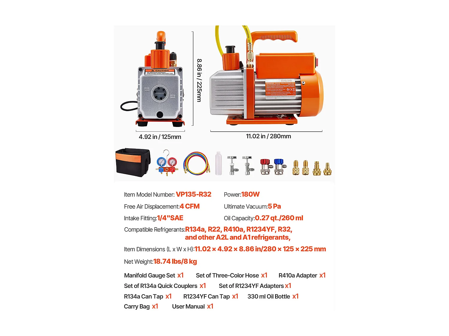 Bomba de Vacío SucceBuy para Climatización 115 L/min, de Paletas Rotativas, Monoetapa, con Manómetro de Colector de Refrigerante, Detector de Fugas