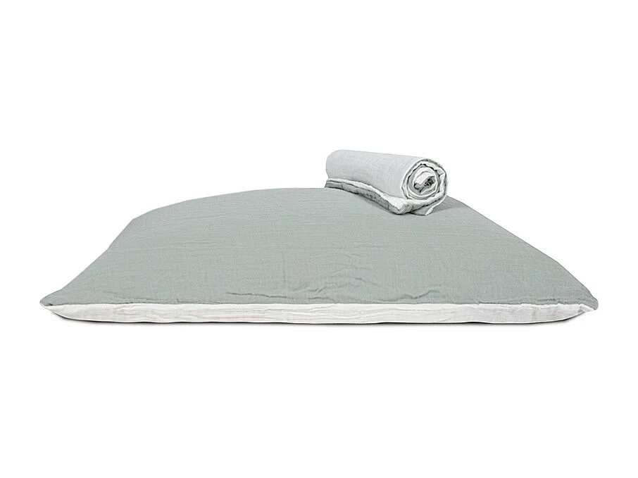 Lot 2 taies d'oreiller réversible gaze de coton vert sauge/écru 63x63 cm