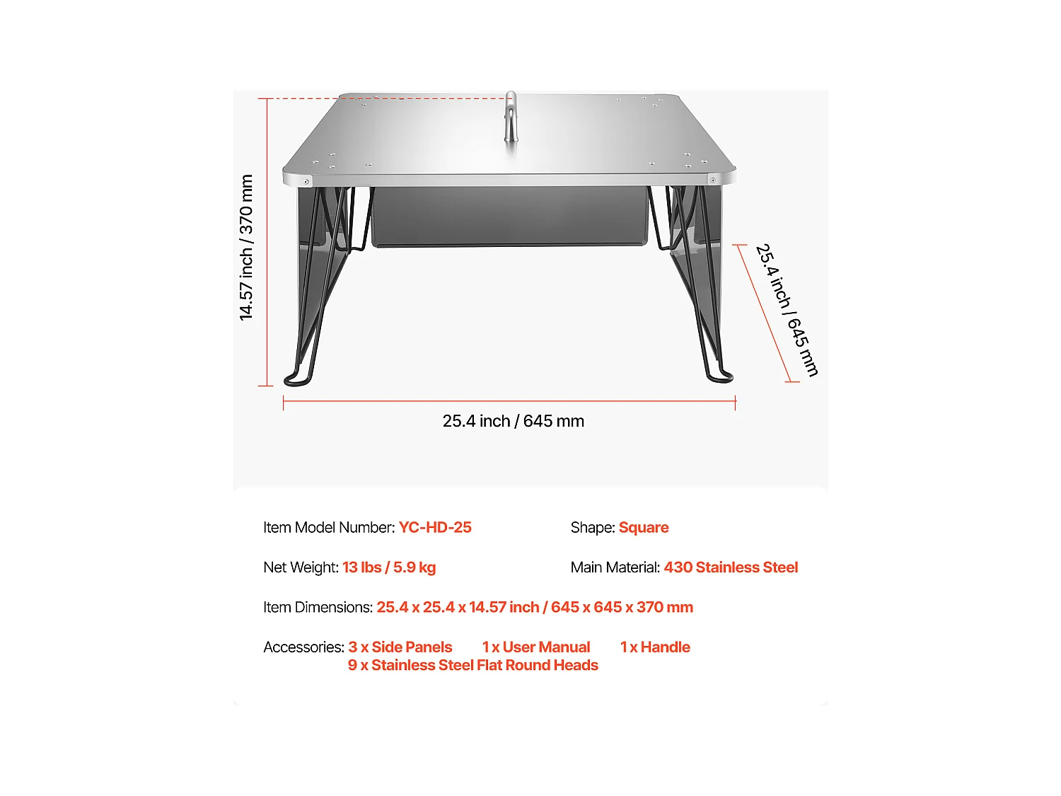 Couvercle de Brasero SucceBuy en Acier Inoxydable, 64.5 x 64.5 x 37 cm, Déflecteur de Chaleur Extérieur pour Feux de Camp, Camping et Chauffage au Bois