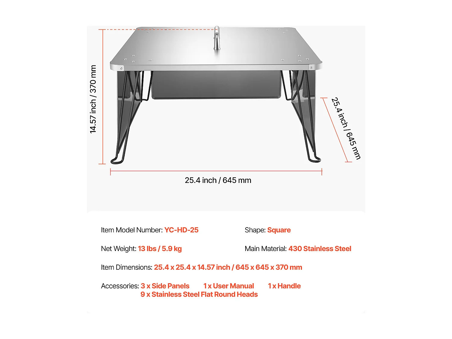 Couvercle de Brasero SucceBuy en Acier Inoxydable, 64.5 x 64.5 x 37 cm, Déflecteur de Chaleur Extérieur pour Feux de Camp, Camping et Chauffage au Bois