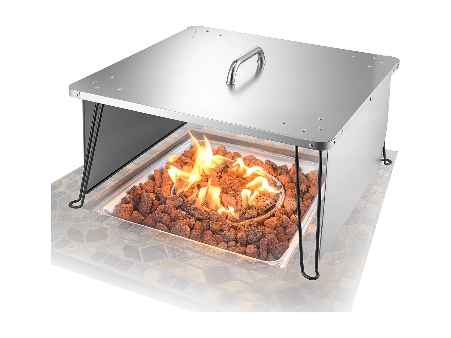 Couvercle de Brasero SucceBuy en Acier Inoxydable, 64.5 x 64.5 x 37 cm, Déflecteur de Chaleur Extérieur pour Feux de Camp, Camping et Chauffage au Bois