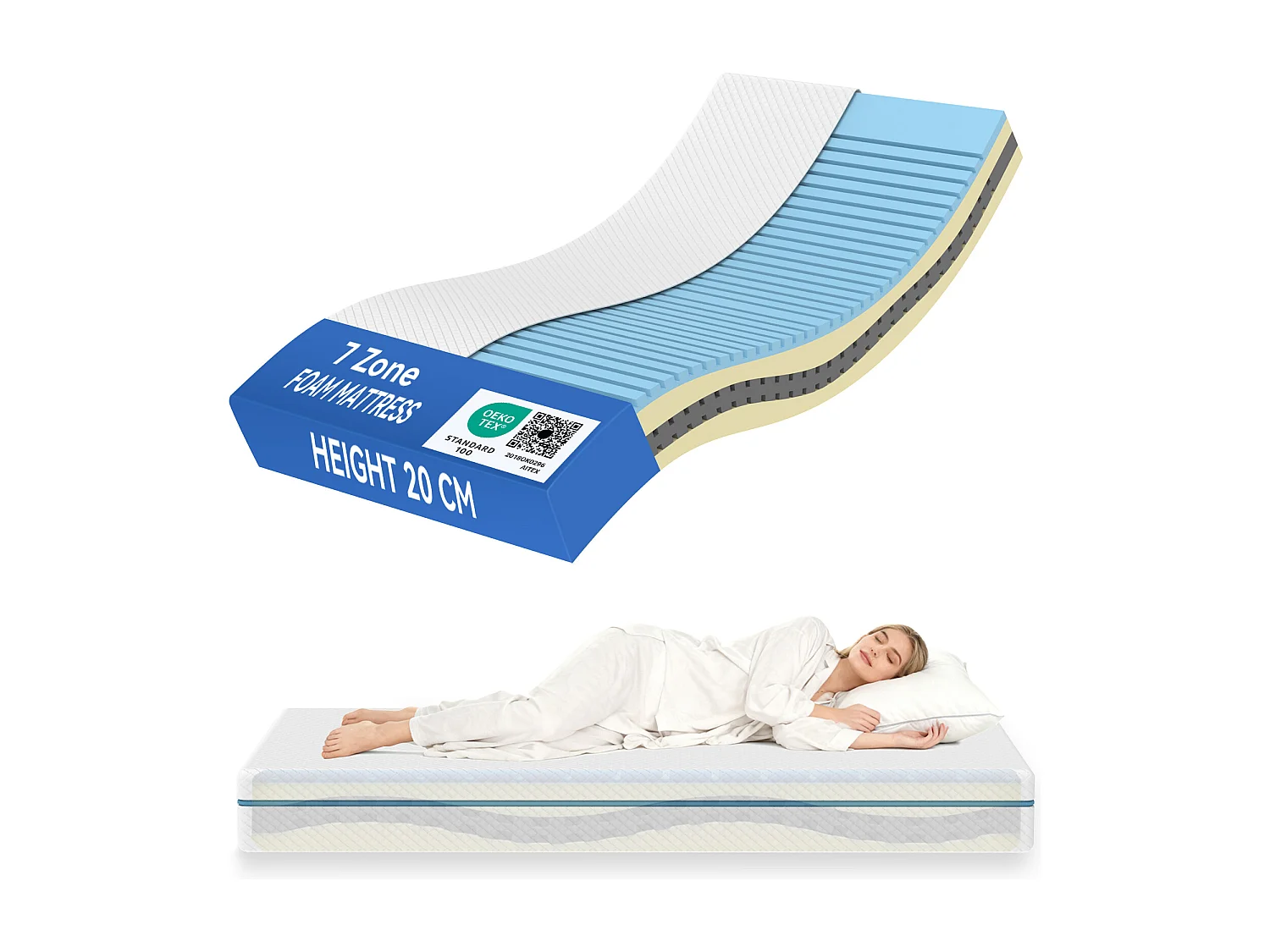 Matelas certifié Oeko-Tex® 120x200 cm, Épaisseur 20 cm, Matelas en Mousse à Mémoire de Forme, 7 Zones H3 Fermeté Moyenne, Réversible à Deux Faces Utilisables