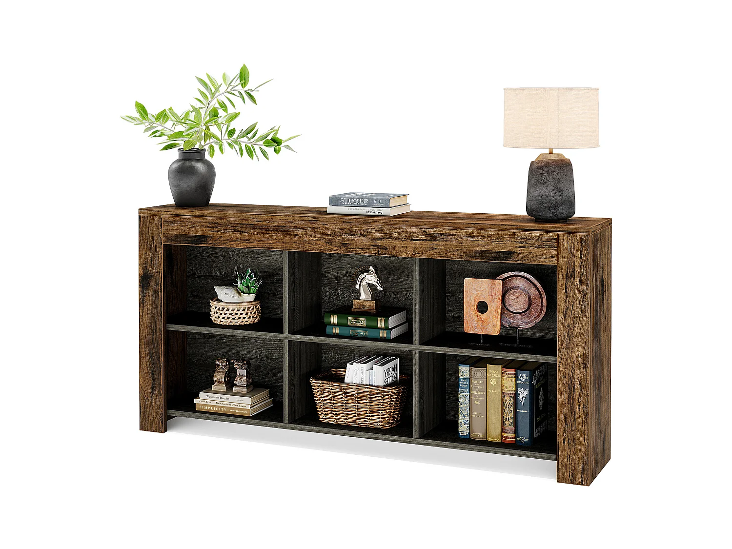 Table console de 160 cm de long, table d'entrée en bois rustique avec 6 cubes de rangement