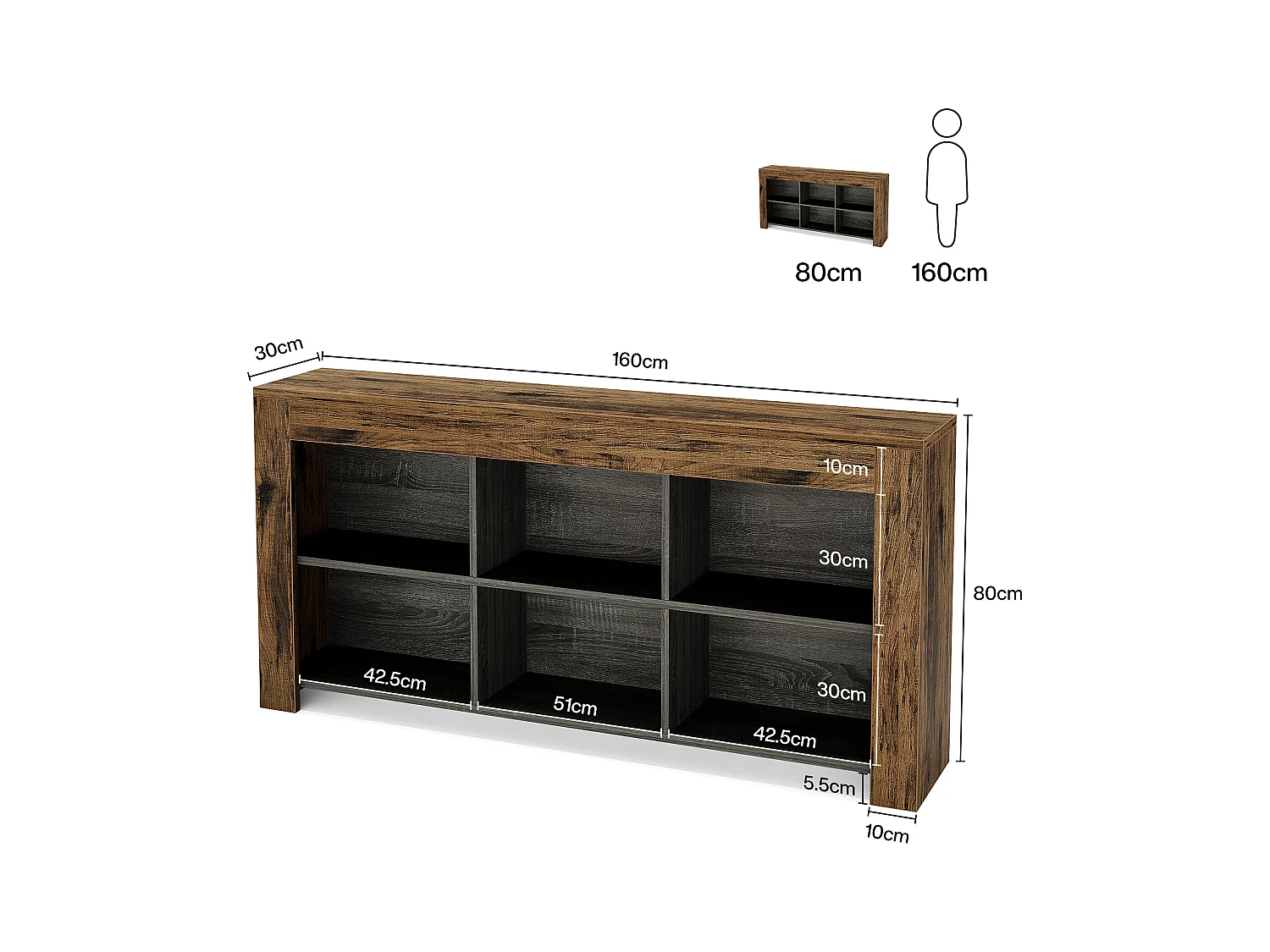 Table console de 160 cm de long, table d'entrée en bois rustique avec 6 cubes de rangement