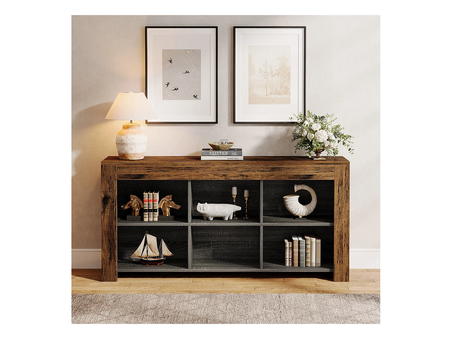 Table console de 160 cm de long, table d'entrée en bois rustique avec 6 cubes de rangement