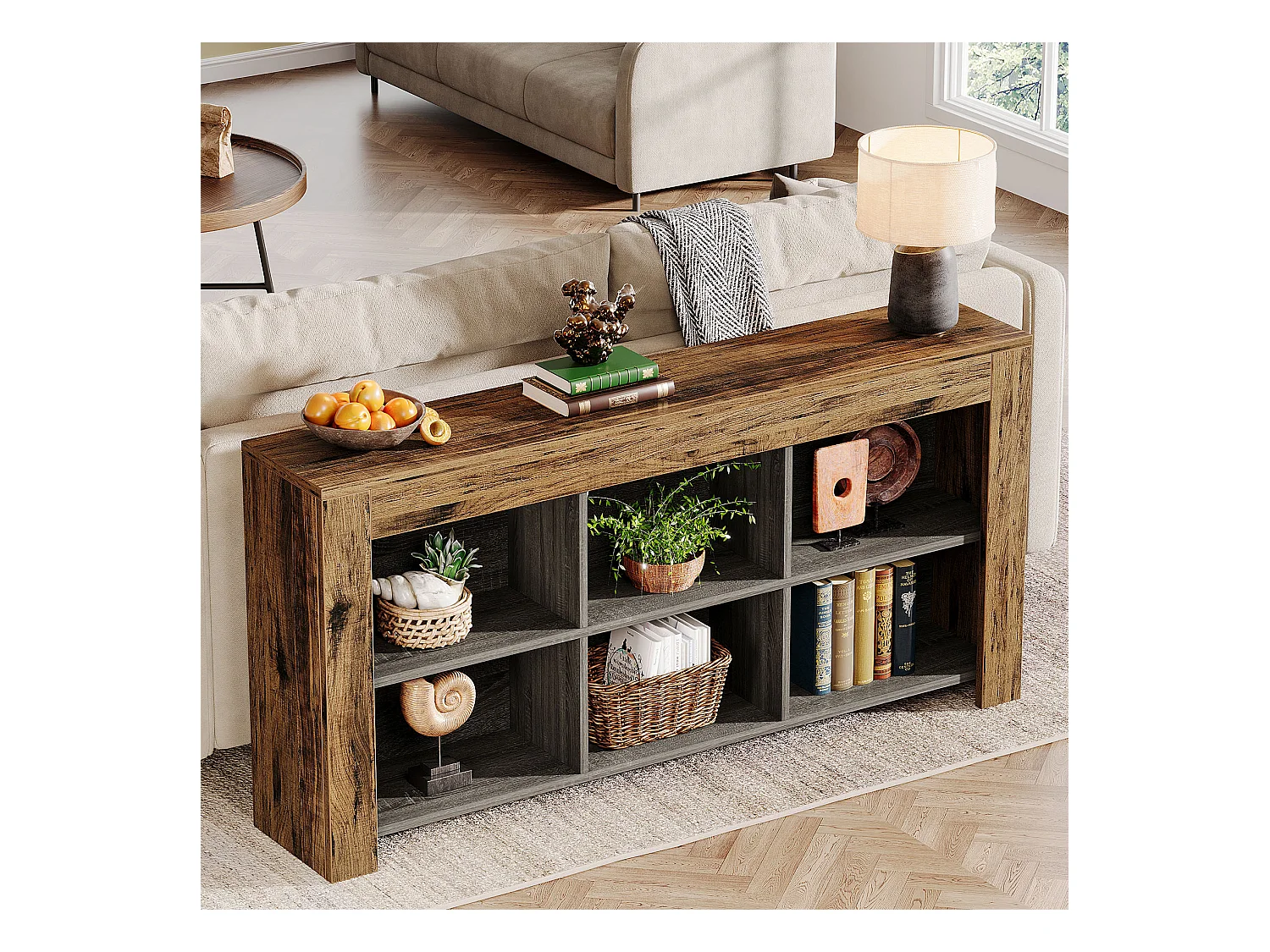 Table console de 160 cm de long, table d'entrée en bois rustique avec 6 cubes de rangement