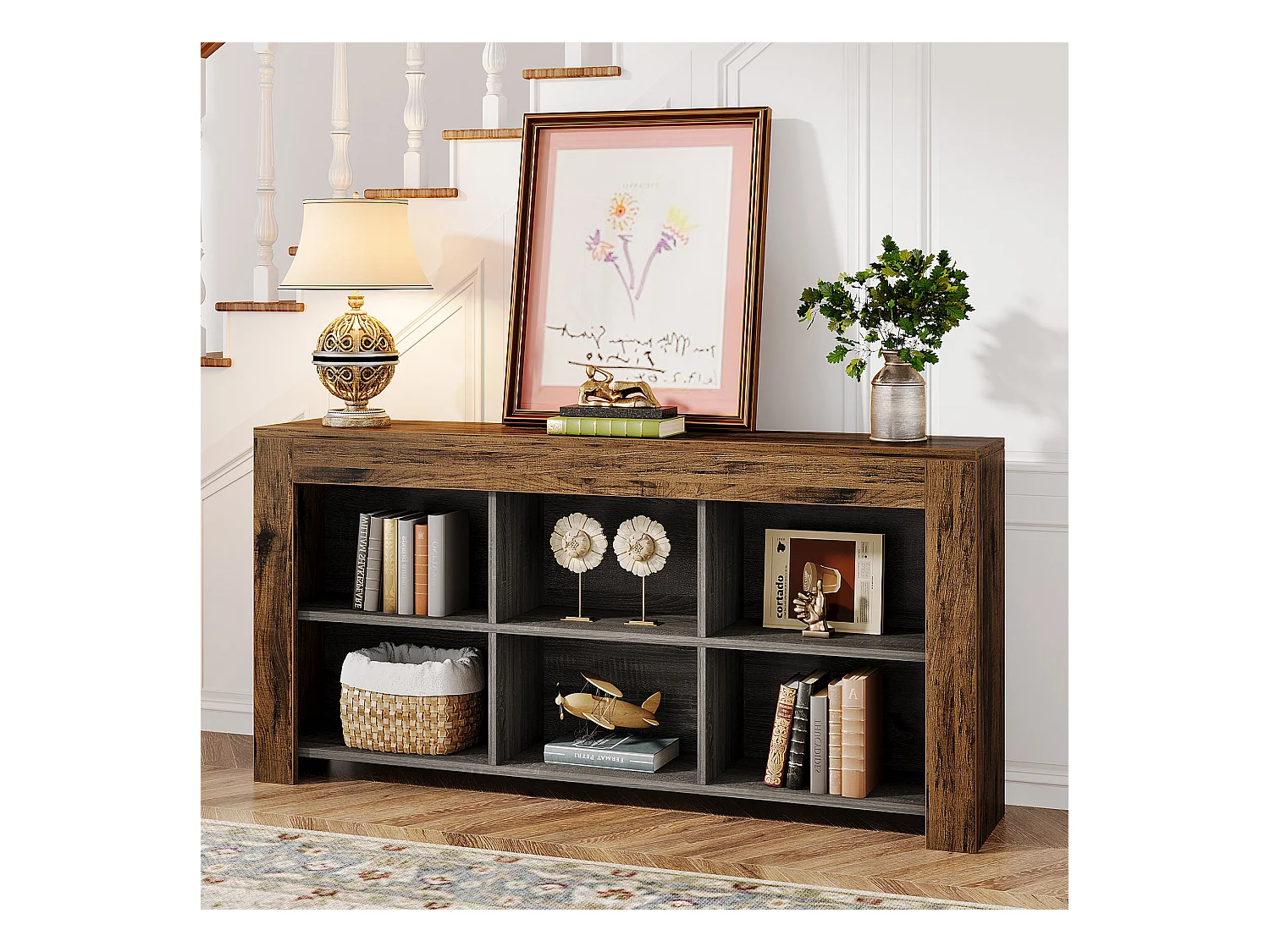 Table console de 160 cm de long, table d'entrée en bois rustique avec 6 cubes de rangement