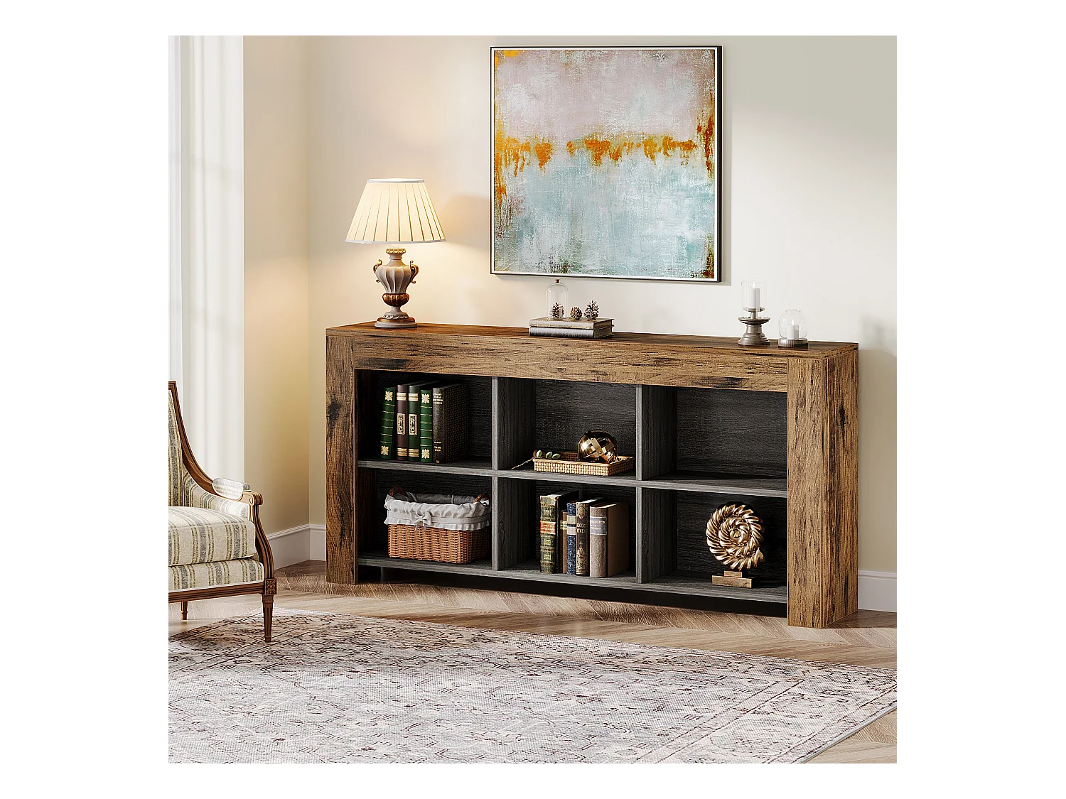 Table console de 160 cm de long, table d'entrée en bois rustique avec 6 cubes de rangement