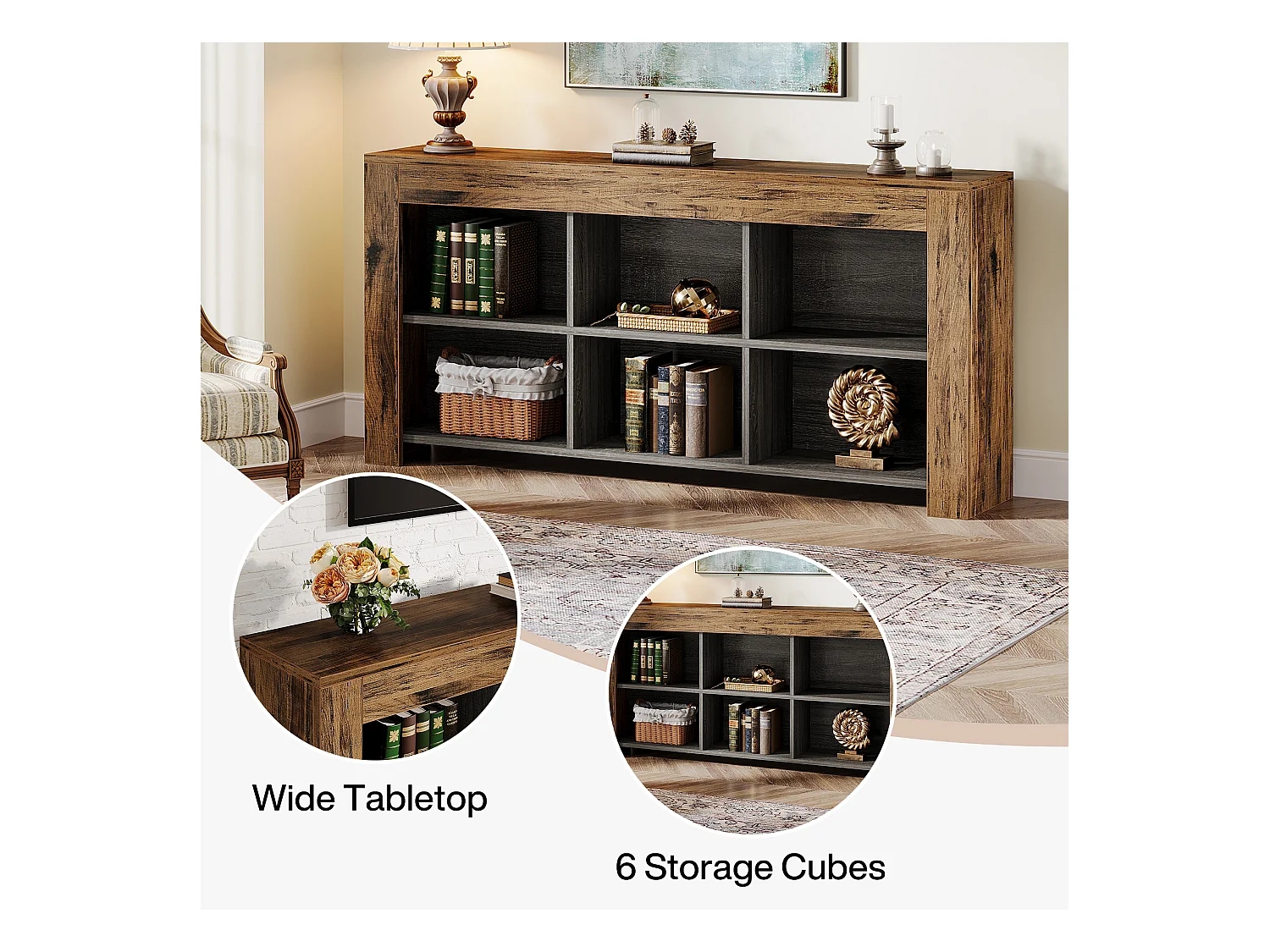 Table console de 160 cm de long, table d'entrée en bois rustique avec 6 cubes de rangement