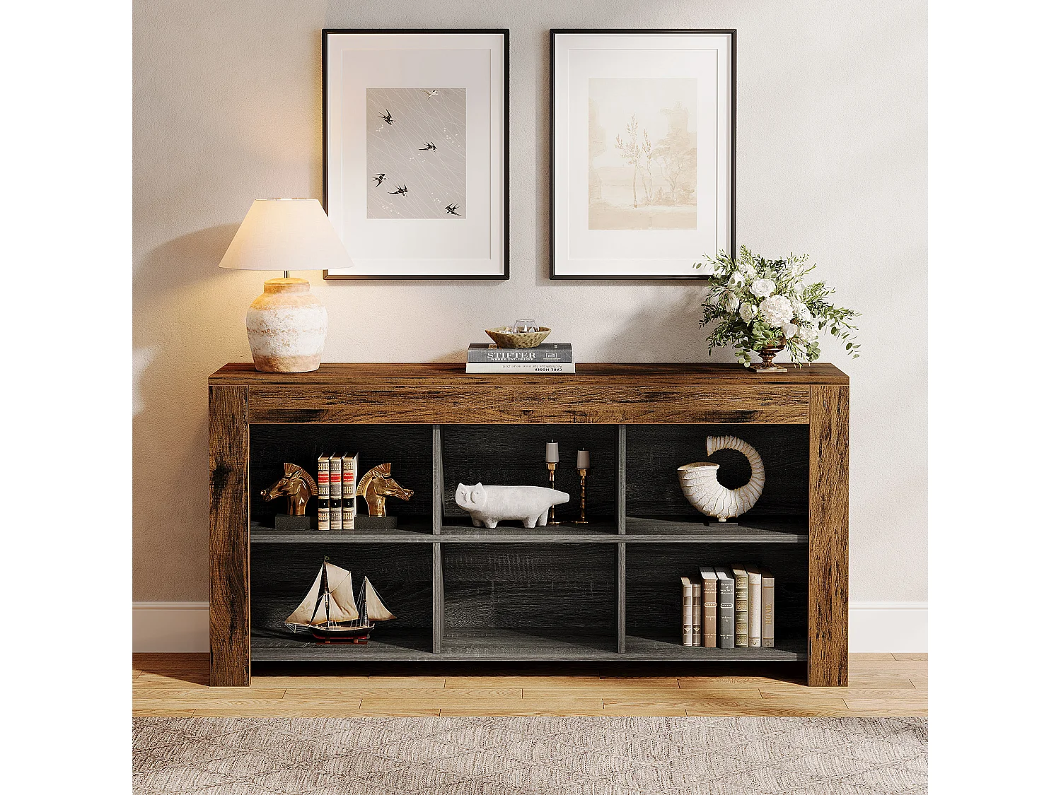 Table console de 160 cm de long, table d'entrée en bois rustique avec 6 cubes de rangement