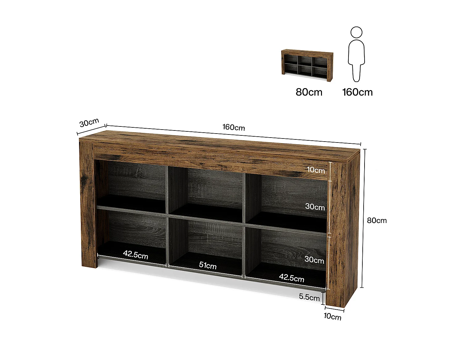 Table console de 160 cm de long, table d'entrée en bois rustique avec 6 cubes de rangement