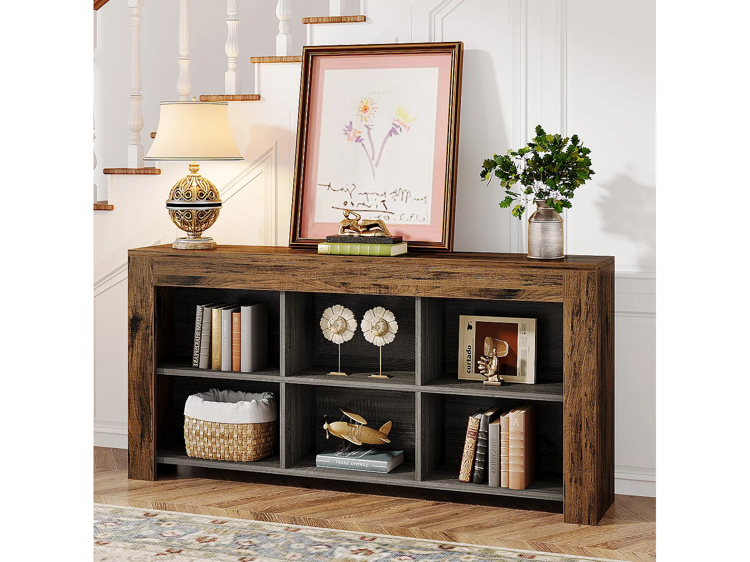 Table console de 160 cm de long, table d'entrée en bois rustique avec 6 cubes de rangement