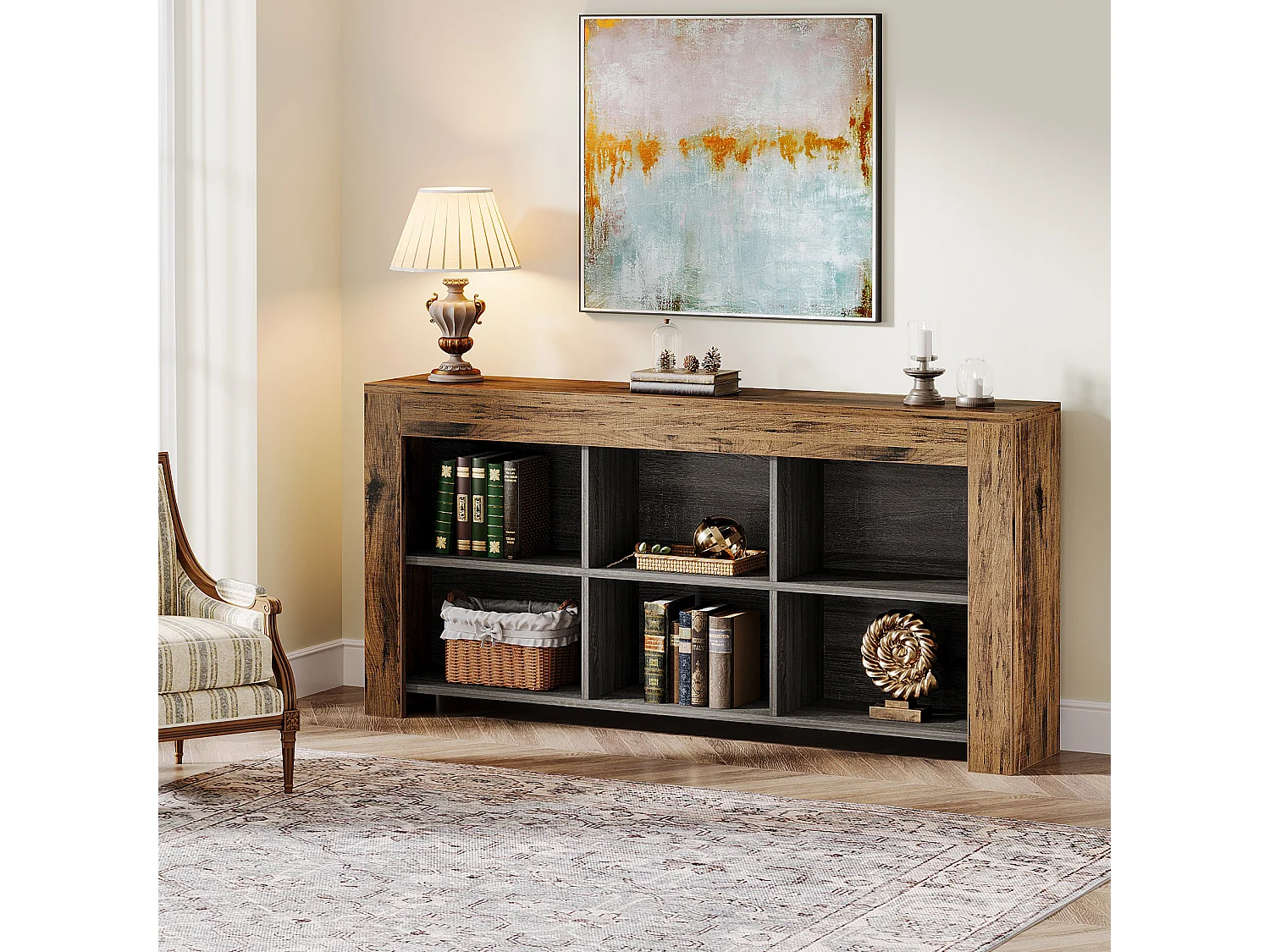 Table console de 160 cm de long, table d'entrée en bois rustique avec 6 cubes de rangement